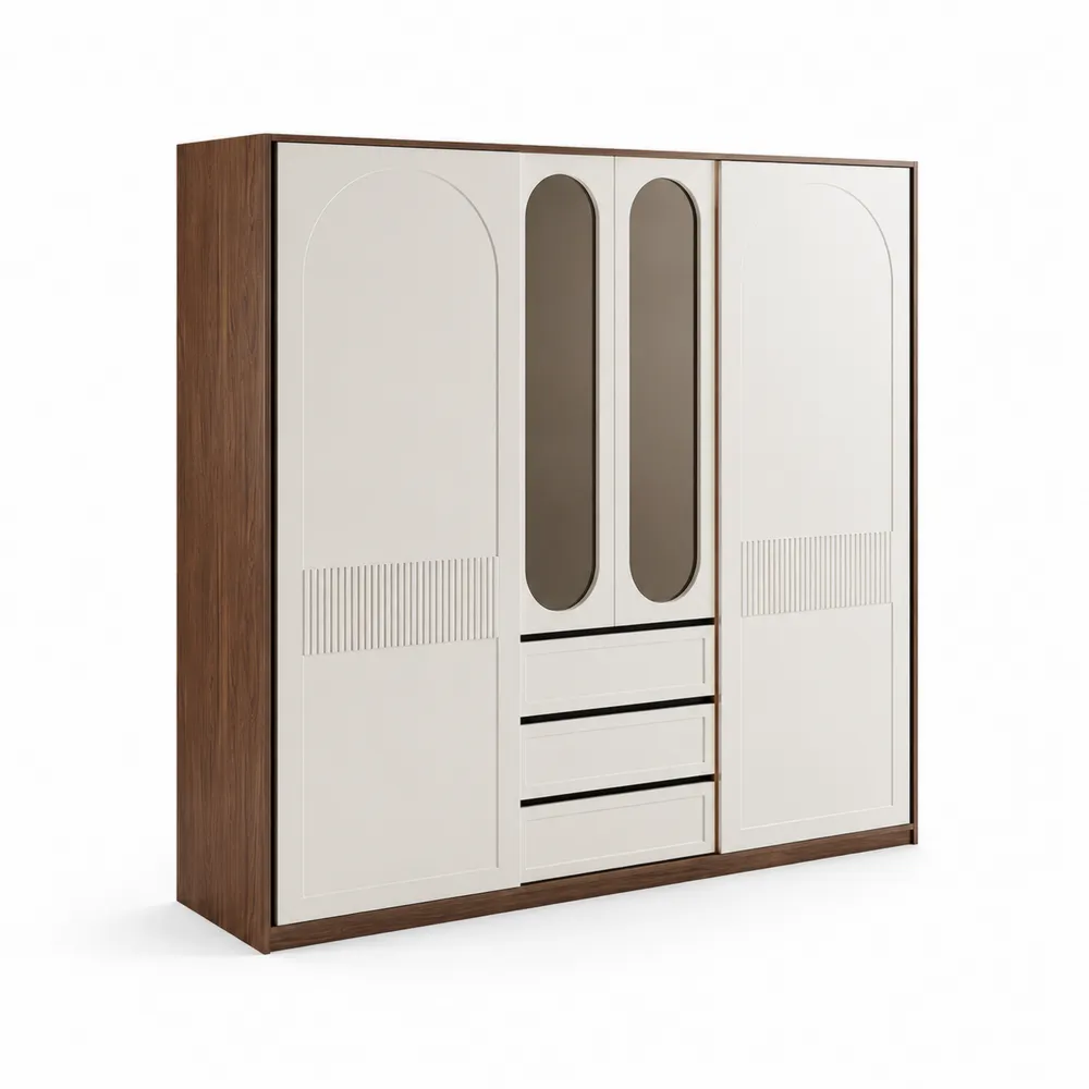 Armadio scorrevole in legno e MDF con ante specchiate e cassetti 200x60x220 cm-Retrochateaue