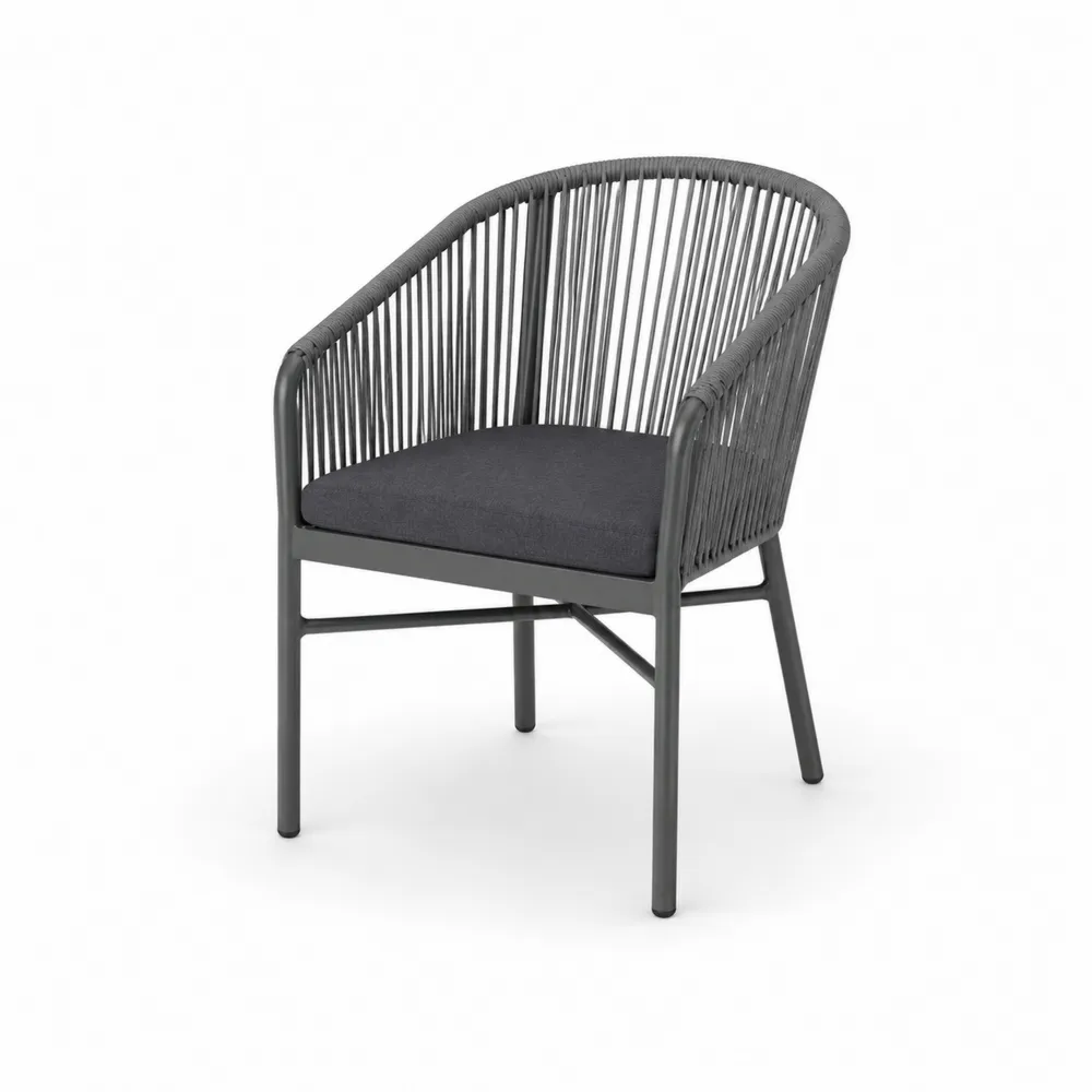 Sedia da giardino in alluminio con schienale a corda e cuscino grigio-Retrochateaue