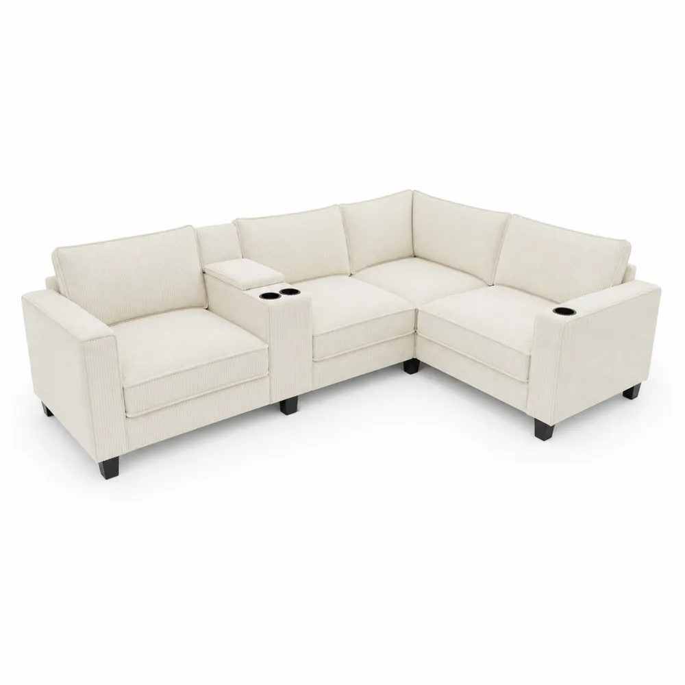 Divano angolare in tessuto beige con portabicchieri-Retrochateaue