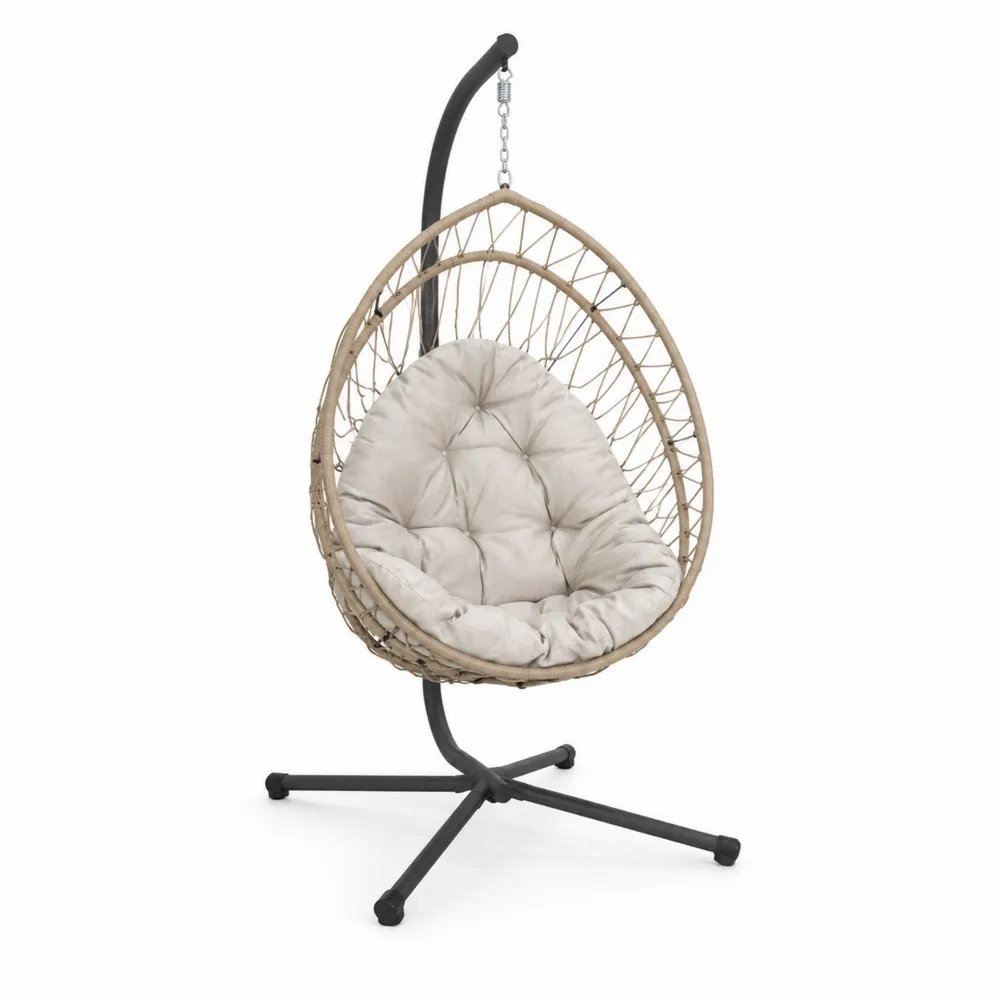Sedia Sospesa da Esterno in Rattan con Cuscino in Poliestere Beige-Retrochateaue