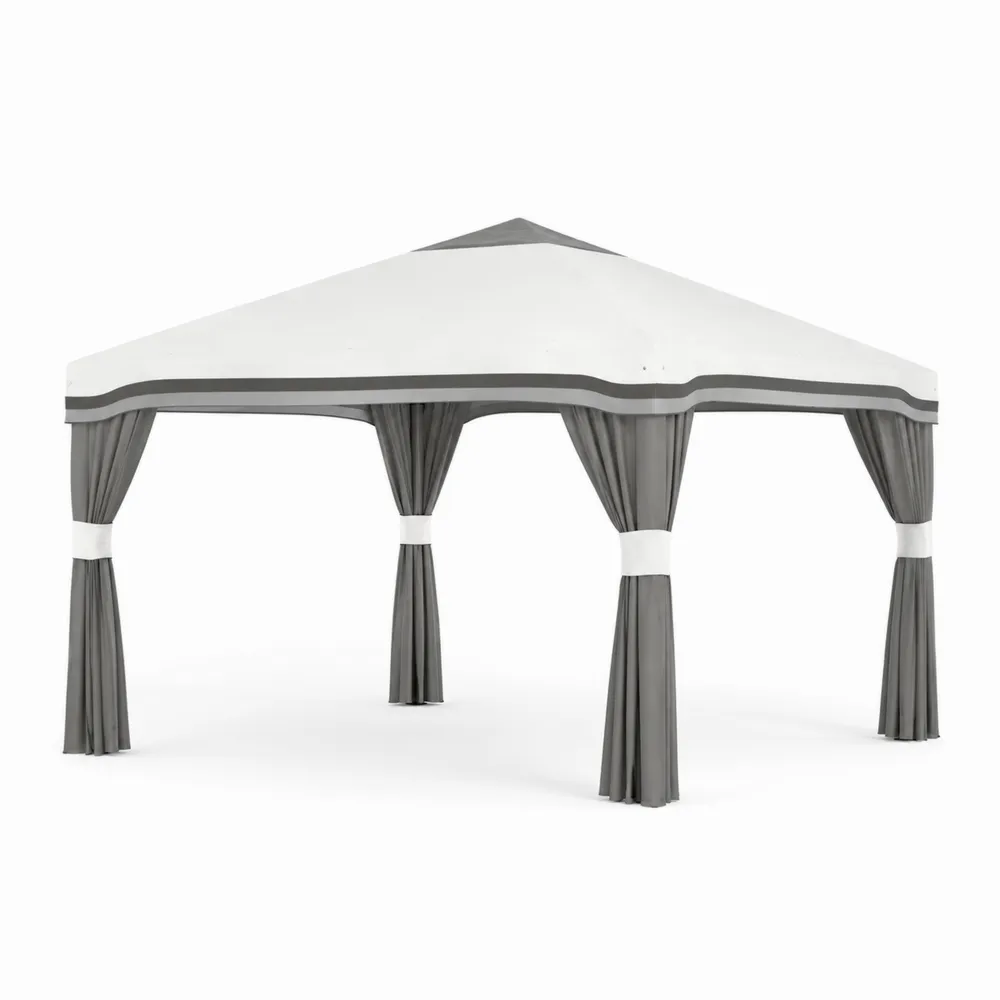 Gazebo da Esterno in Acciaio con Tenda in Tessuto Poliestere 3x3m Bianco e Grigio-Retrochateaue