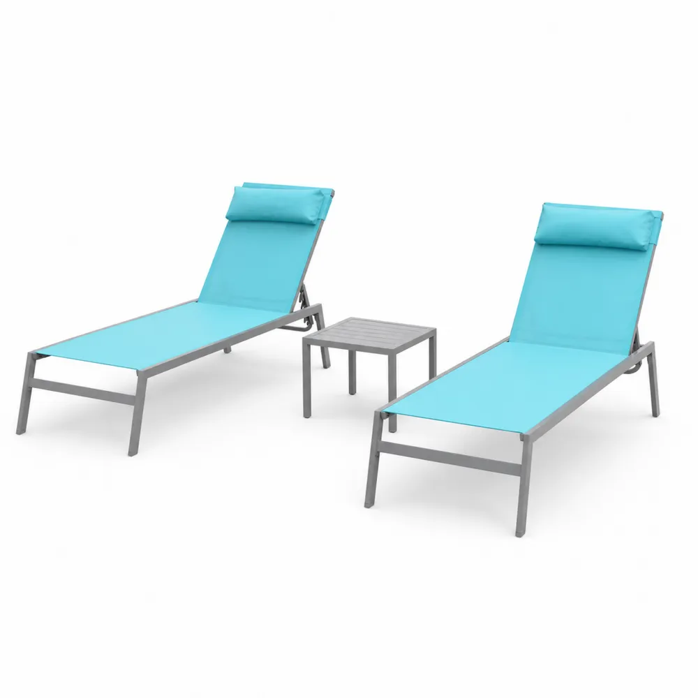 Set lettini prendisole in metallo con tavolino blu-Retrochateaue