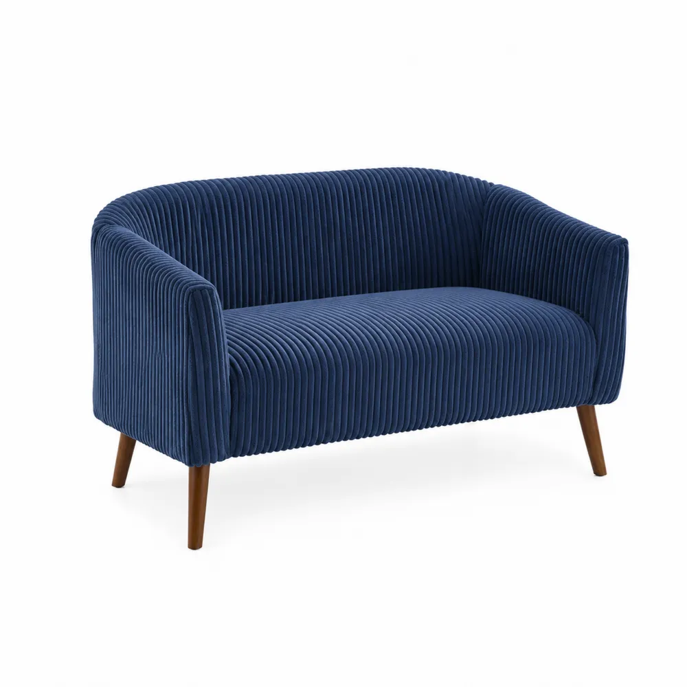 Divanetto 2 posti in velluto blu con gambe in legno di faggio-Retrochateaue