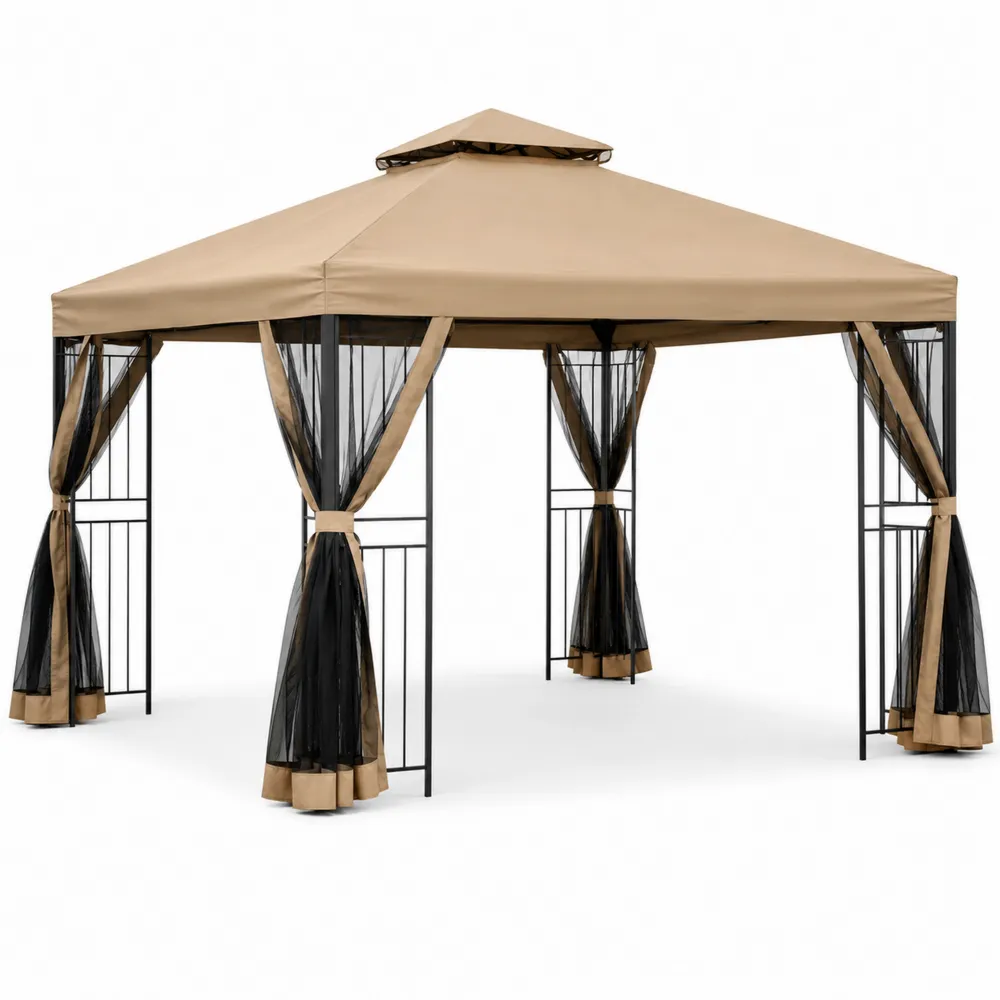 Gazebo da Giardino in Acciaio con Copertura in Poliestere e Tende a Rete-Retrochateaue