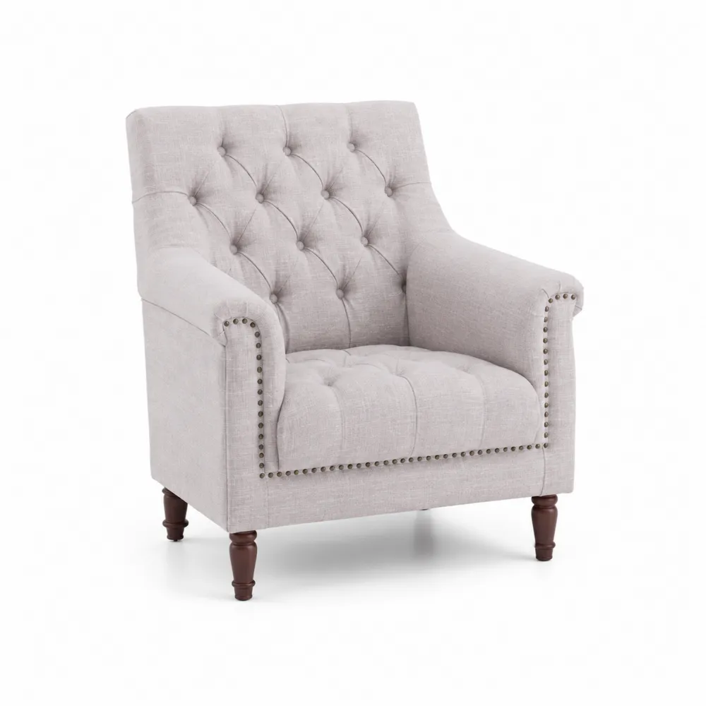 Poltrona in Lino Beige con Gambe in Legno-Retrochateaue