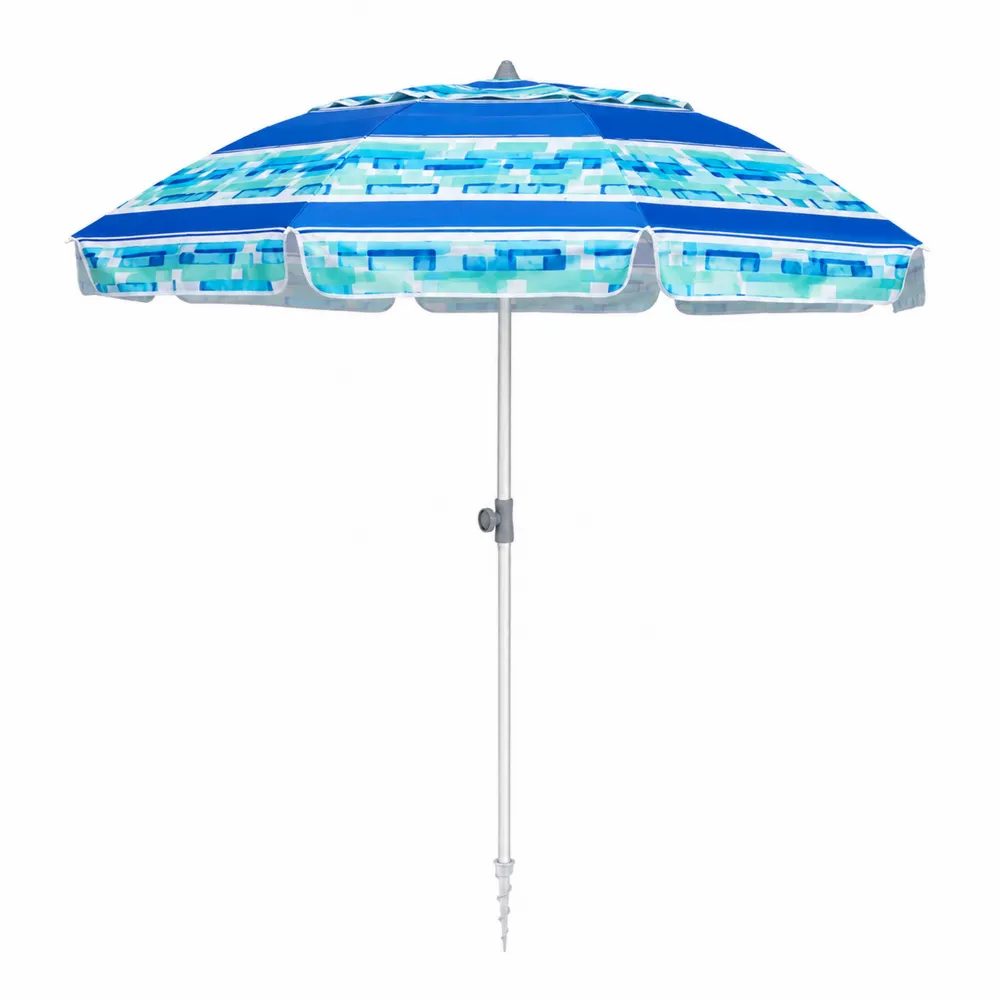 Ombrellone da Spiaggia in Poliestere e Alluminio Motivo Geometrico Blu e Verde-Retrochateaue