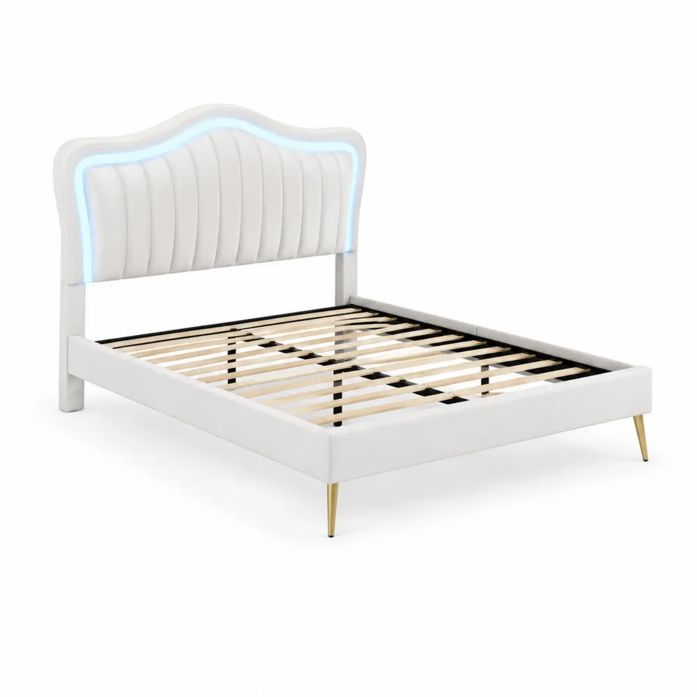 Letto Matrimoniale con Testiera Imbottita in Tessuto e Luci LED-Zenhouseeu