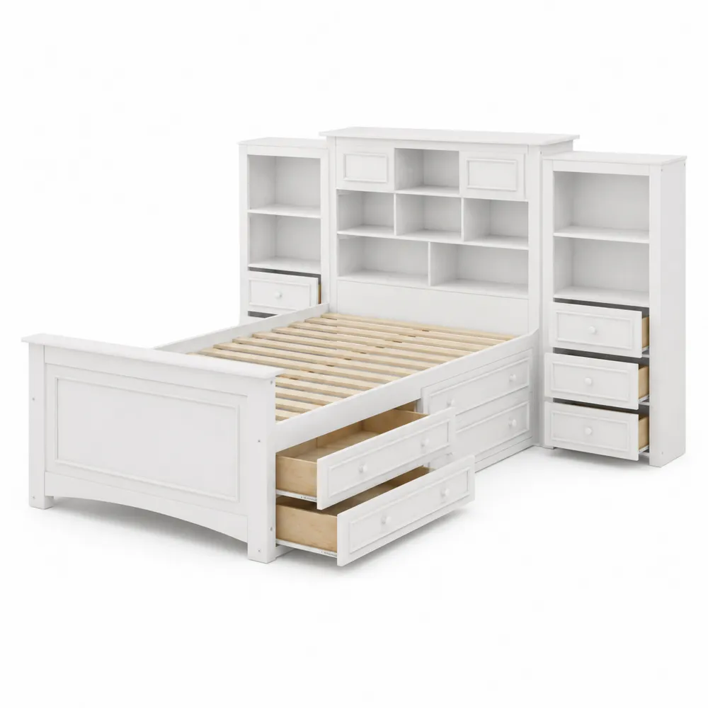 Letto in Legno Bianco con Cassetti e Scaffali-Zenhouseeu