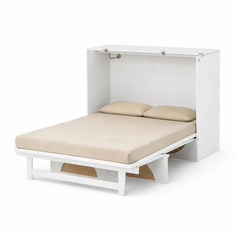 Letto a scomparsa matrimoniale in legno bianco con materasso-Zenhouseeu