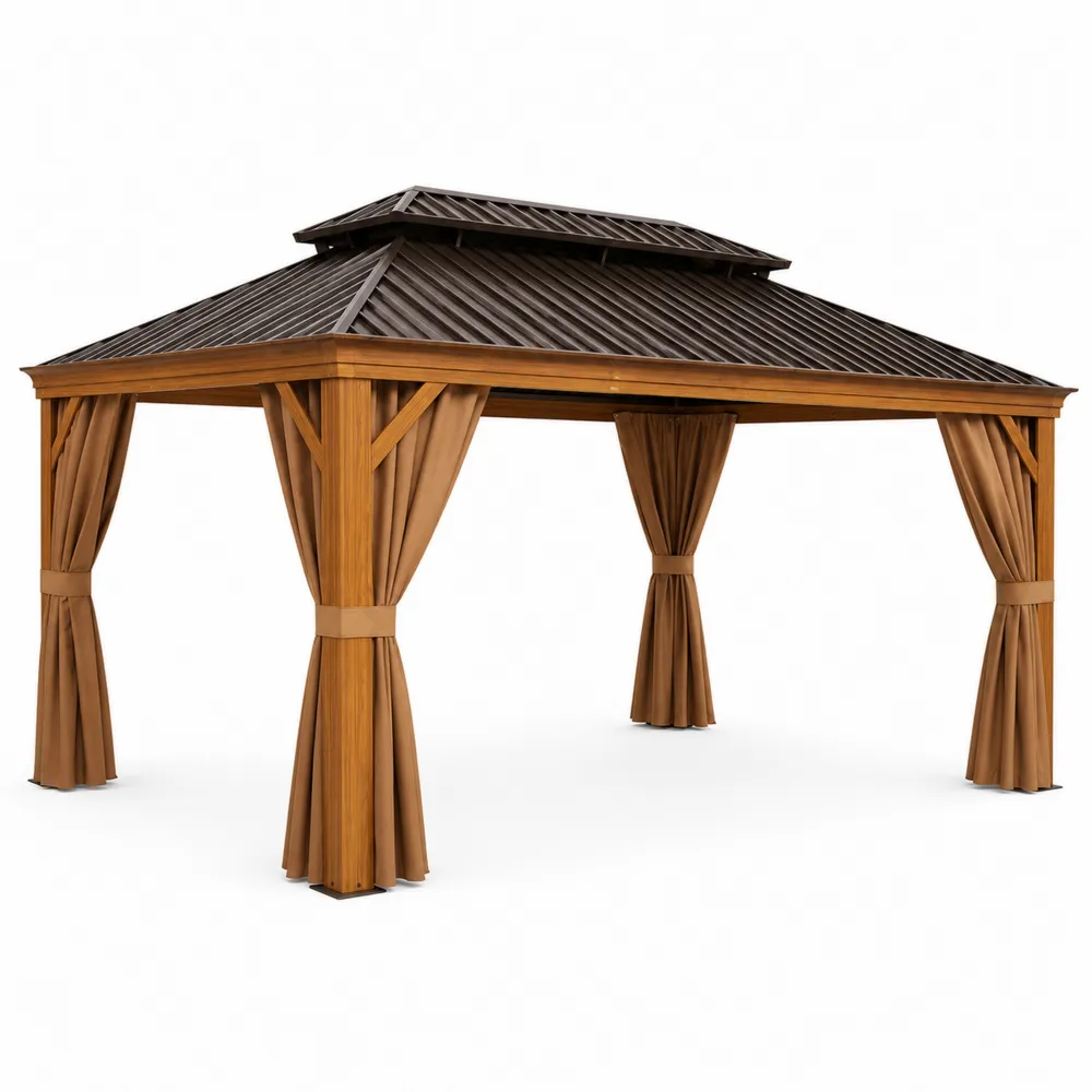 Gazebo in Legno con Tetto in Acciaio e Tende in Poliestere Marrone Grigio-Zenhouseeu
