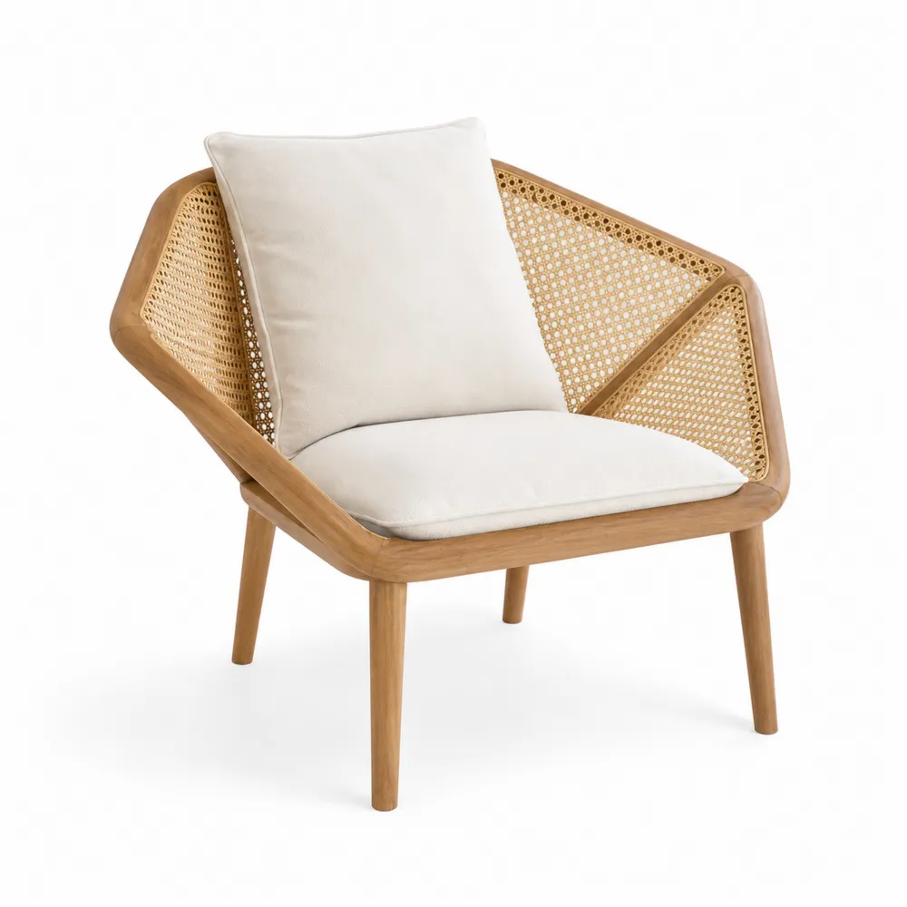 Poltrona in Legno e Rattan con Cuscini Beige-Zenhouseeu