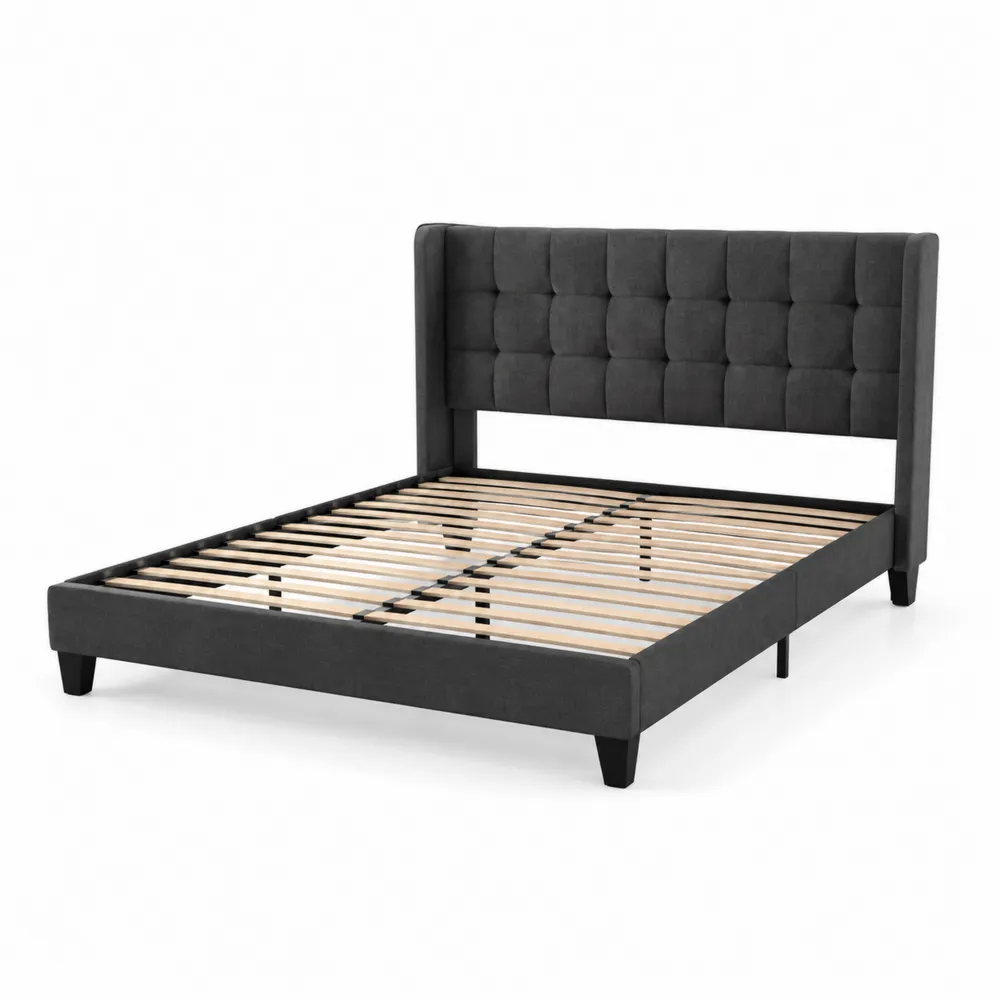 Letto matrimoniale in tessuto grigio con testiera imbottita-Zenhouseeu