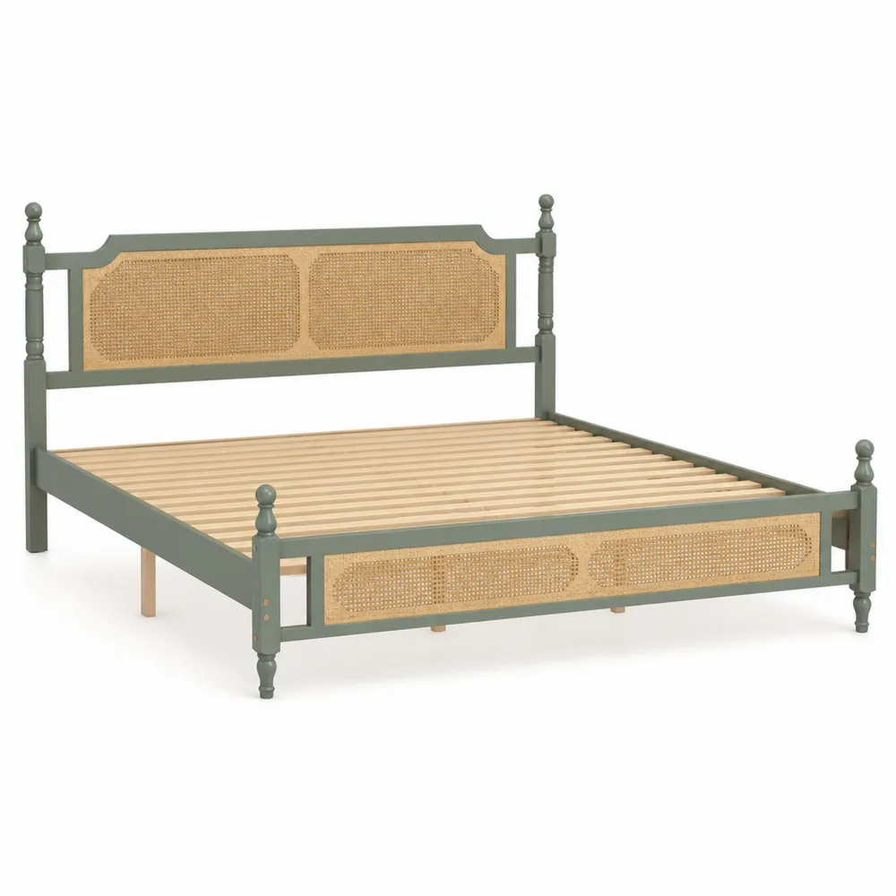 Łóżko podwójne drewniane z rattanem 200x160 cm zielone