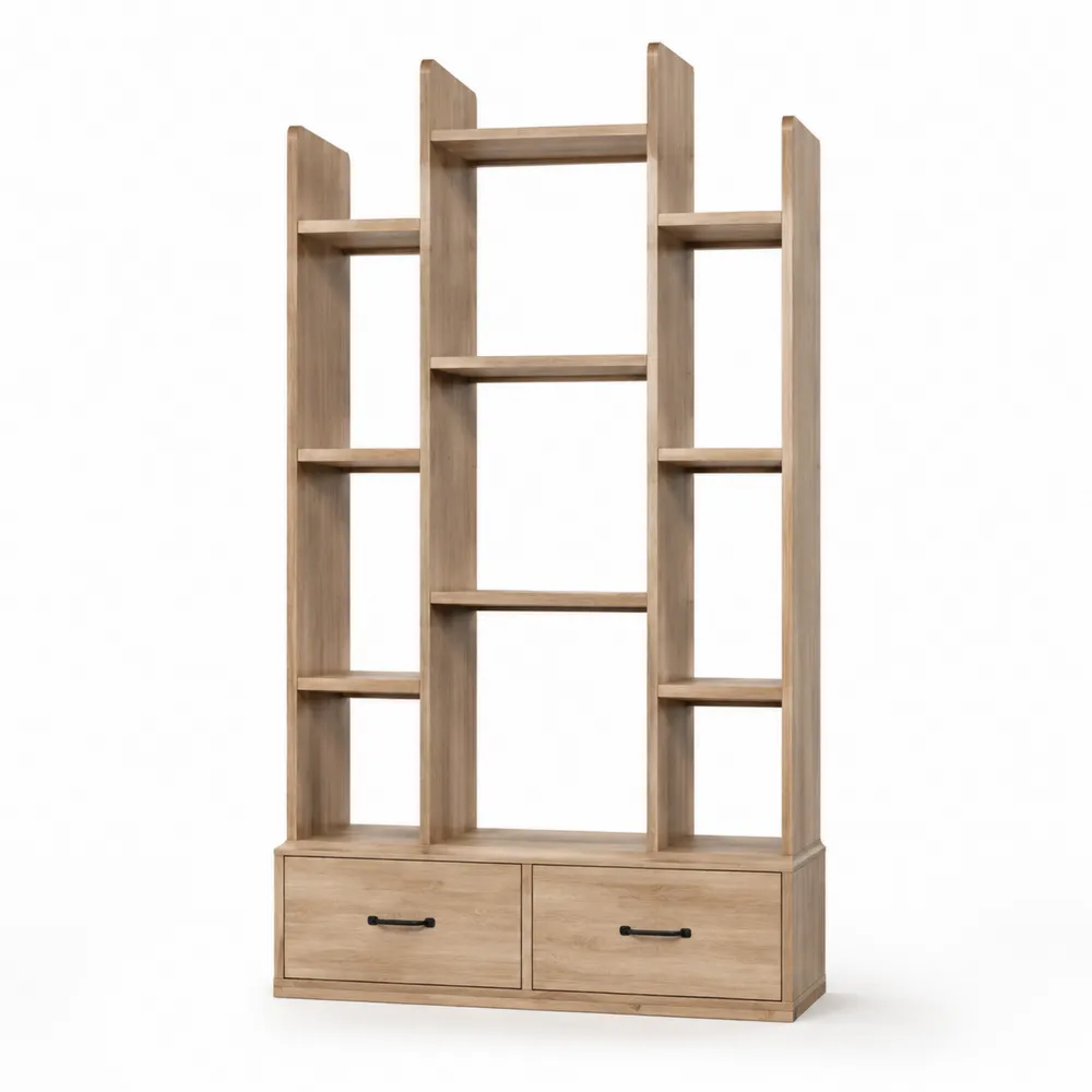 Regał drewniany z półkami i szufladami, dąb, 180x90x30 cm