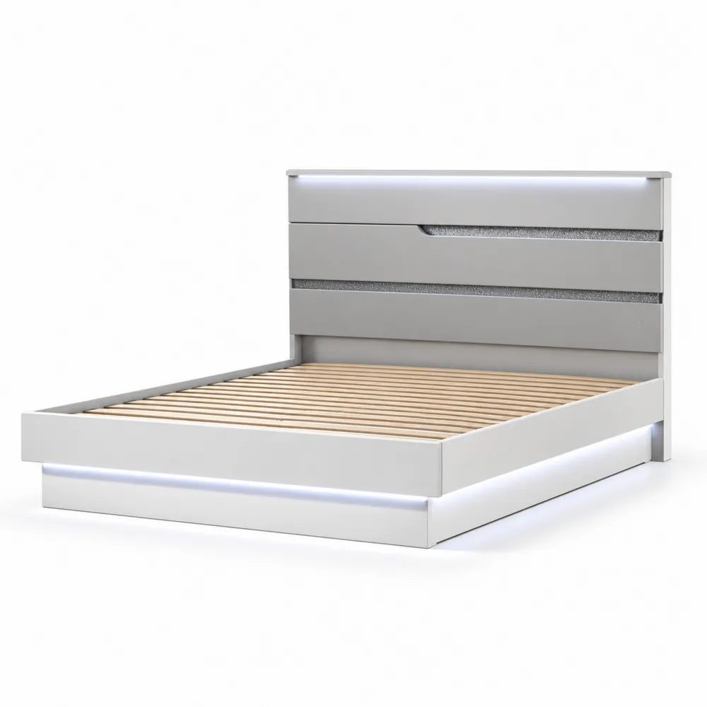 Łóżko podwójne z oświetleniem LED 160x200 cm MDF Szare