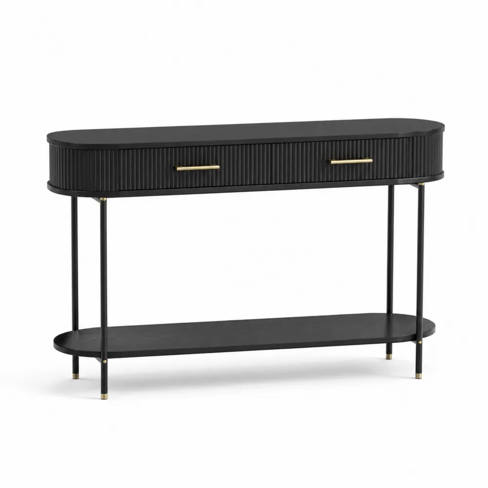 Konsola owalna czarna z szufladą i półką stal/drewno 120 cm