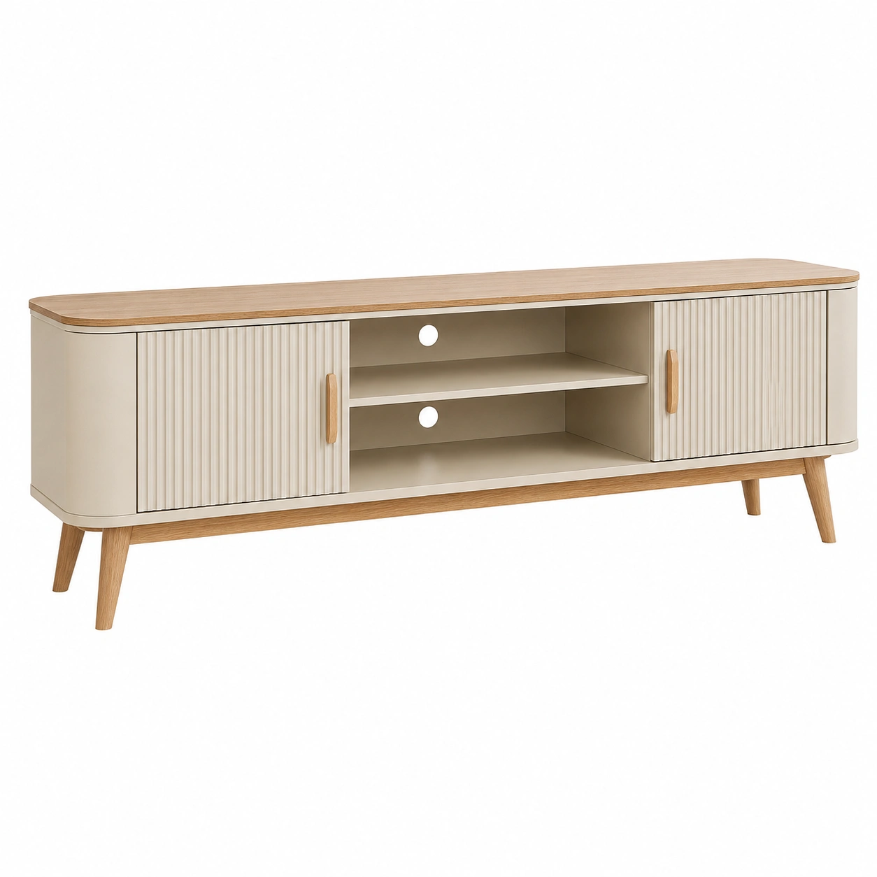 Mesa para TV nordica con puertas ranuradas y almacenamiento central-furnavoa