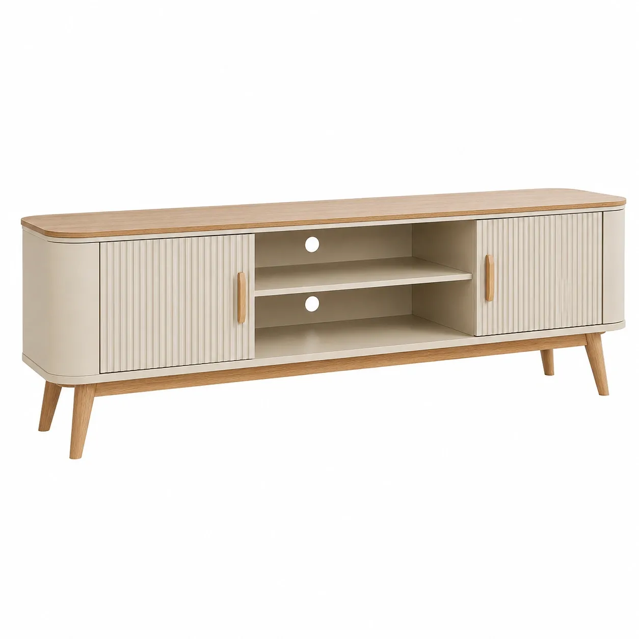 Mesa para TV nordica con puertas ranuradas y almacenamiento central-furnavoa