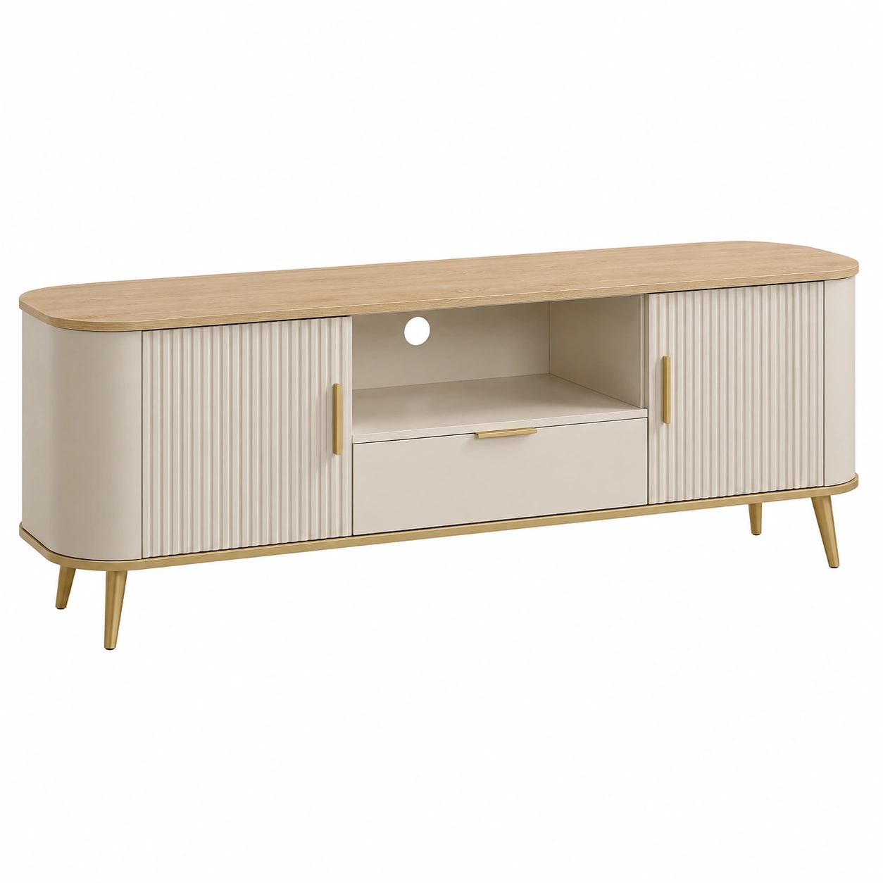 Mueble TV nordico con puertas ranuradas y acabado crema roble 160 cm-furnavoa
