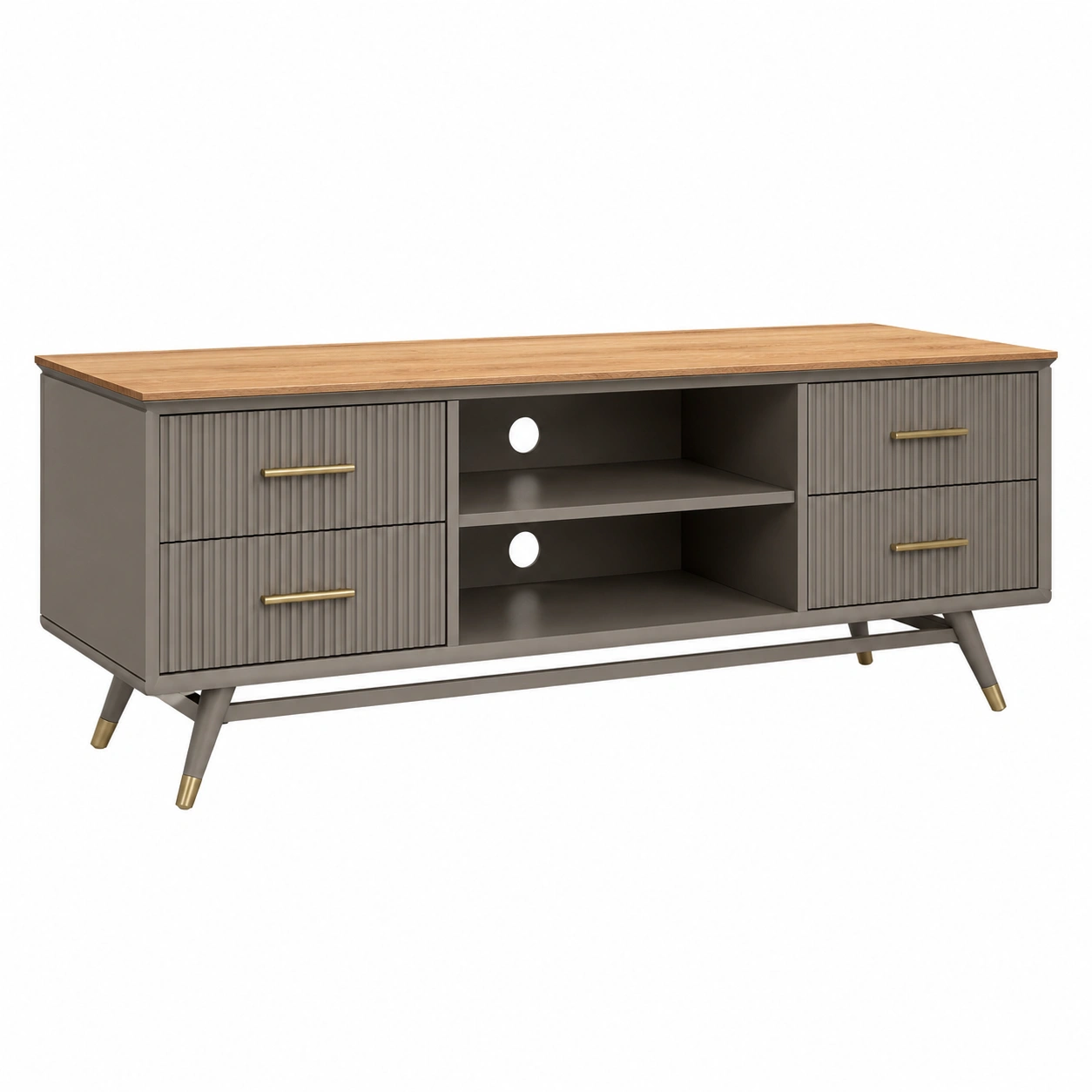 Mueble TV moderno con cajones ranurados y estantes abiertos marron y madera natural-furnavoa
