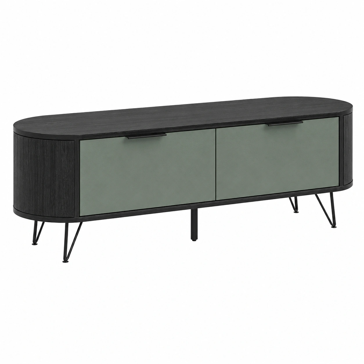 Mesa TV moderna ovalada con puertas verde gris y estructura negra-furnavoa