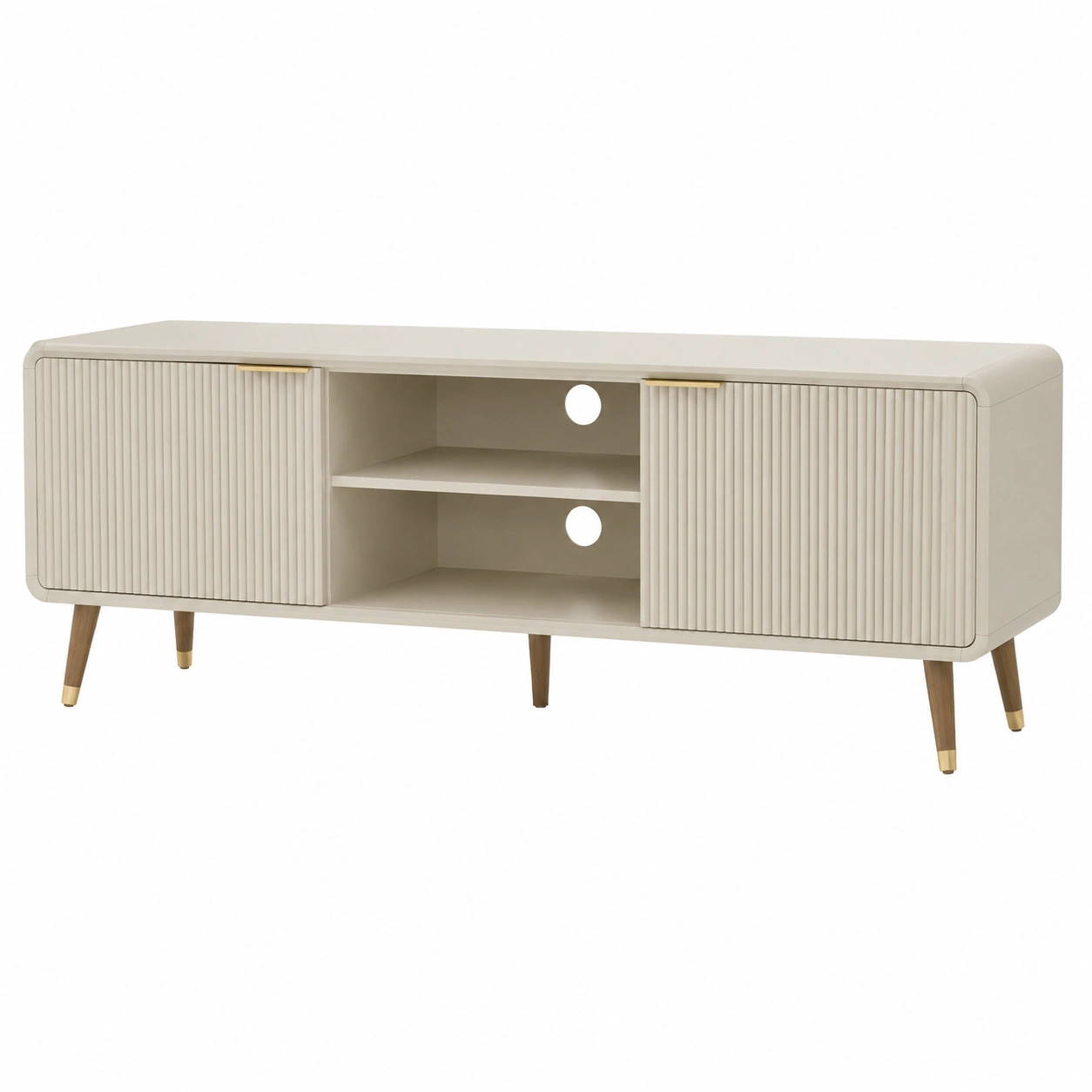 Aparador TV Moderno Minimalista Beige con Puertas Ranuradas y Estantes Centrales-furnavoa