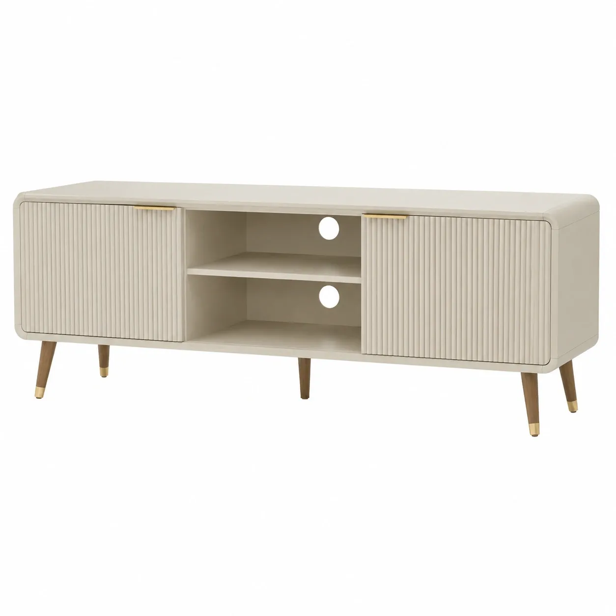 Aparador TV Moderno Minimalista Beige con Puertas Ranuradas y Estantes Centrales-furnavoa