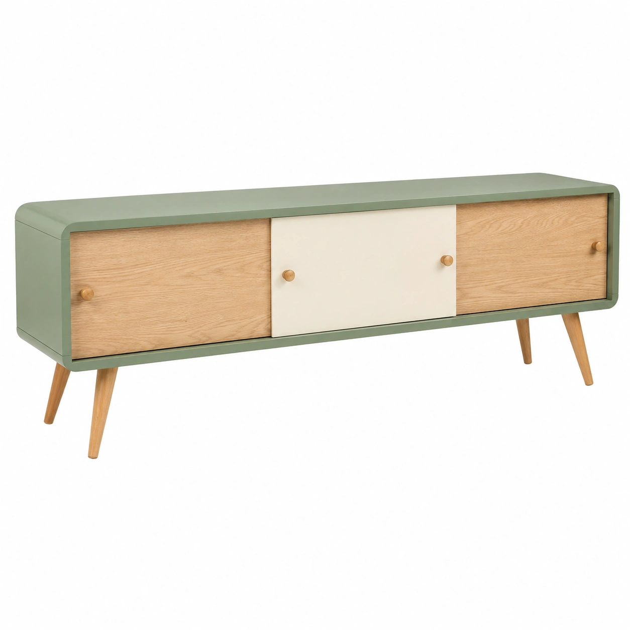 Mueble TV Escandinavo Verde Salvia y Roble con Puertas Correderas-furnavoa