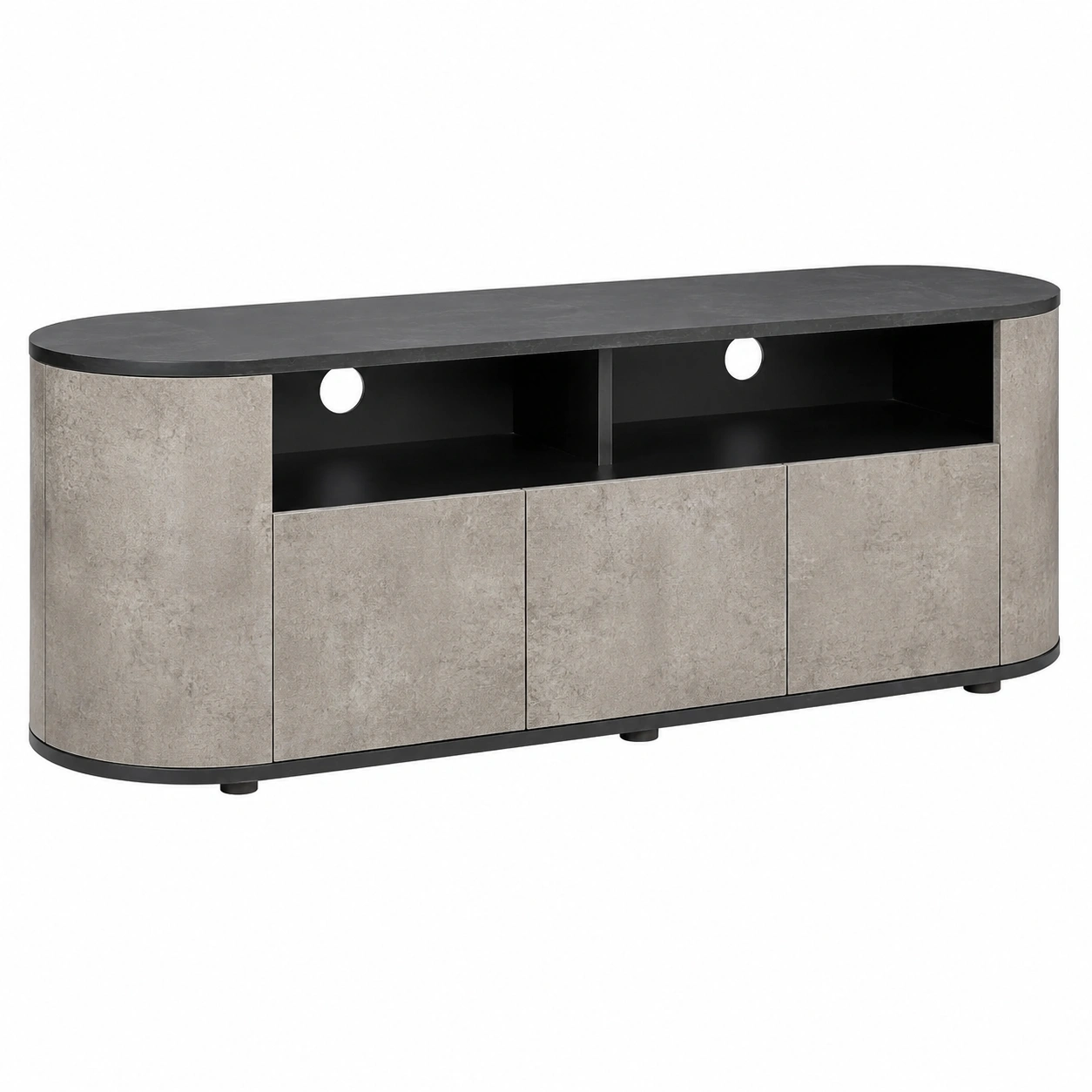 Mueble TV moderno gris cemento y negro con almacenamiento lateral curvo-furnavoa