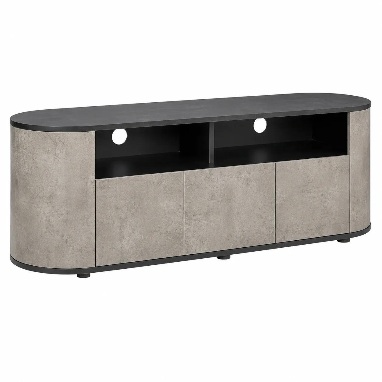 Mueble TV moderno gris cemento y negro con almacenamiento lateral curvo-furnavoa