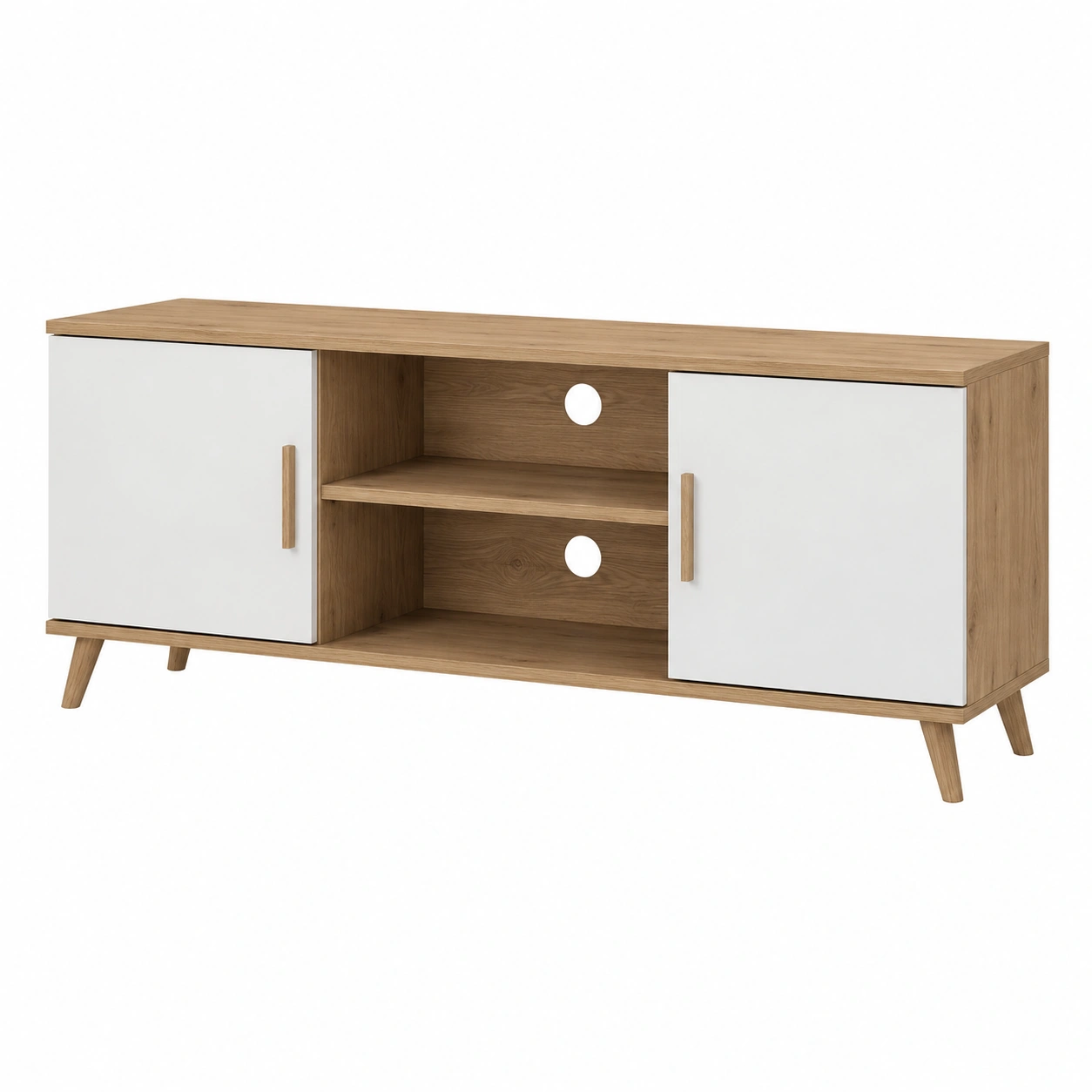 Mueble TV moderno nordico con puertas y estantes Roble y Blanco-furnavoa