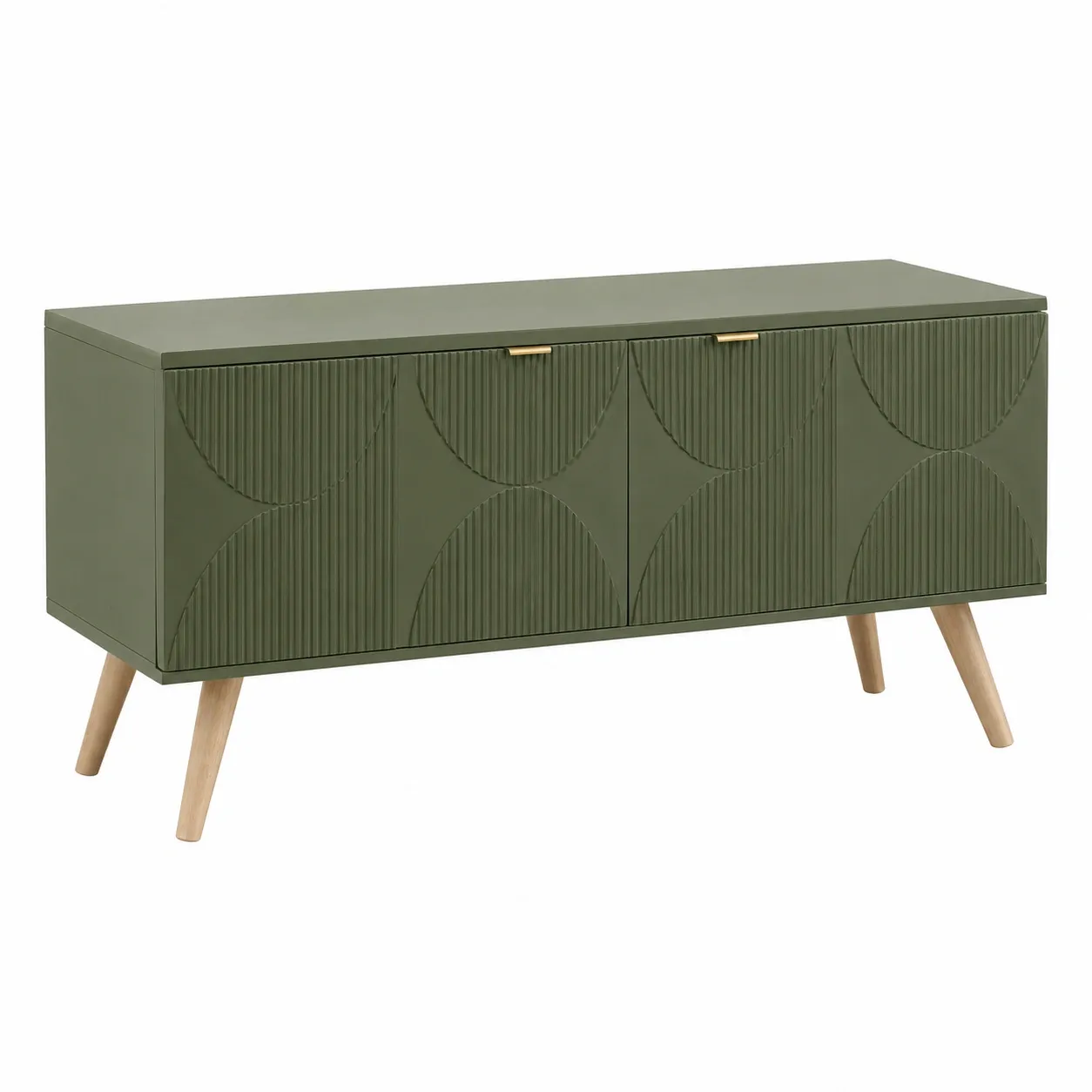 Mueble TV moderno verde oliva con puertas texturizadas y patas de madera-furnavoa