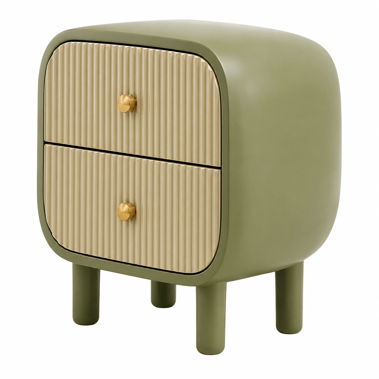 Mesita de noche moderna redonda de 2 cajones Verde Oliva y Beige-furnavoa