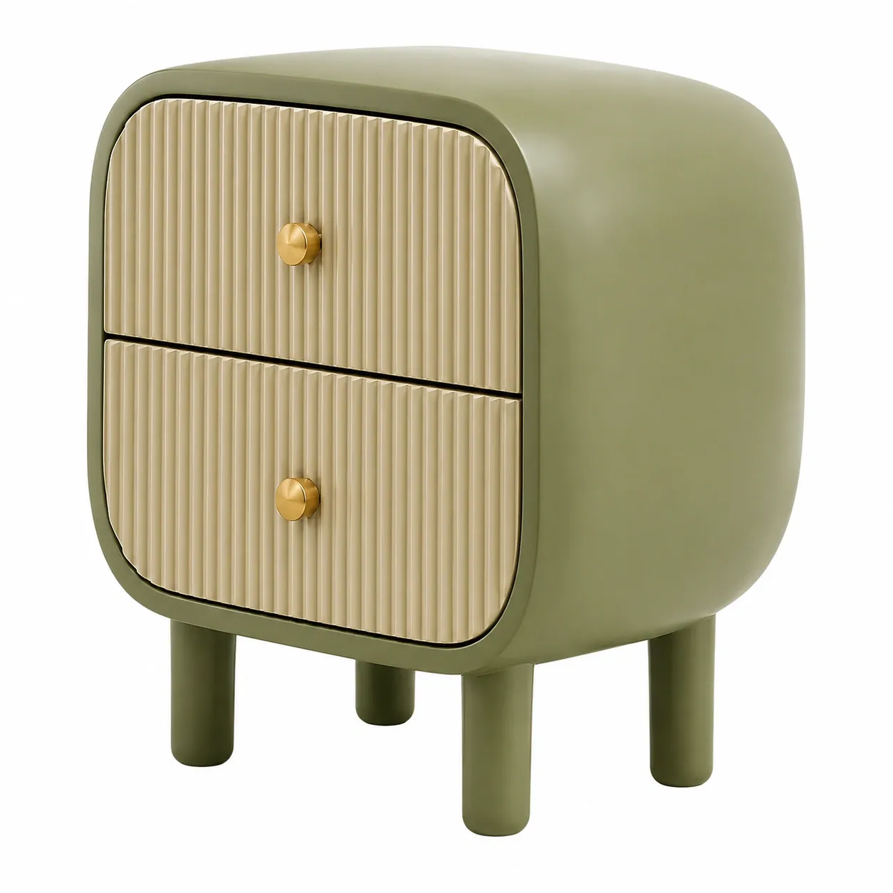 Mesita de noche moderna redonda de 2 cajones Verde Oliva y Beige-furnavoa