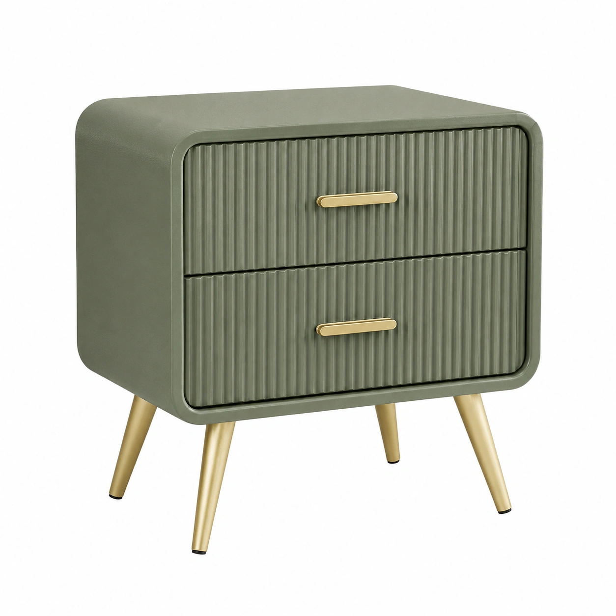 Mesita de Noche Moderna 2 Cajones Verde Oliva con Patas Doradas-furnavoa