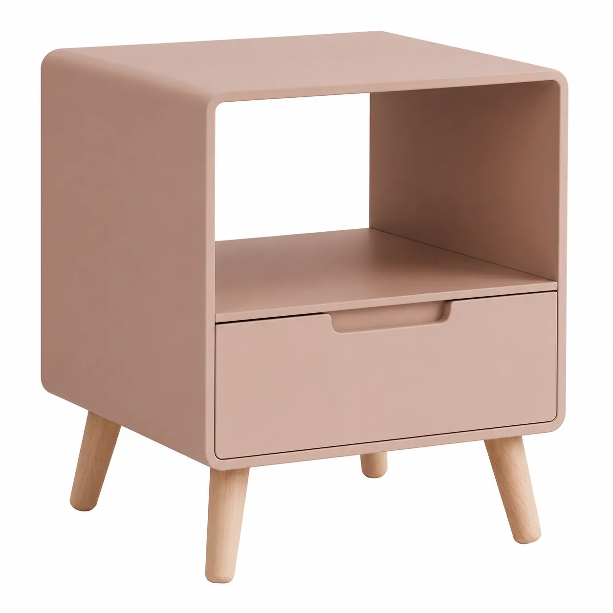 Mesita de Noche Nordica Minimalista con Cajon y Estante Rosa Palo-furnavoa