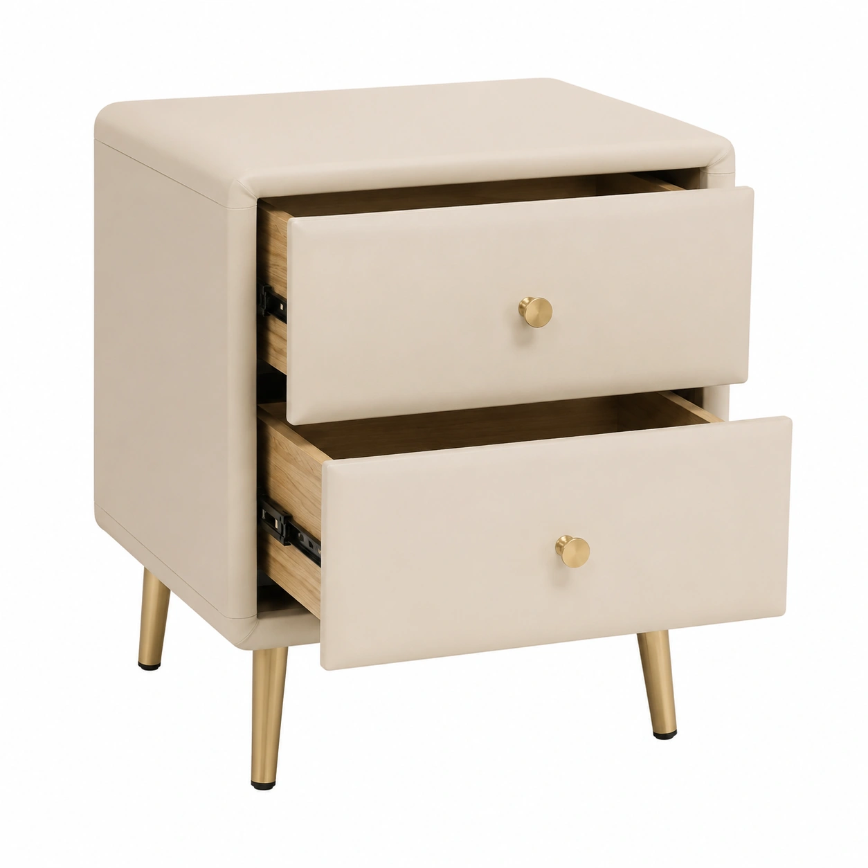 Mesita de noche nordica tapizada 2 cajones Beige crema con patas doradas-furnavoa