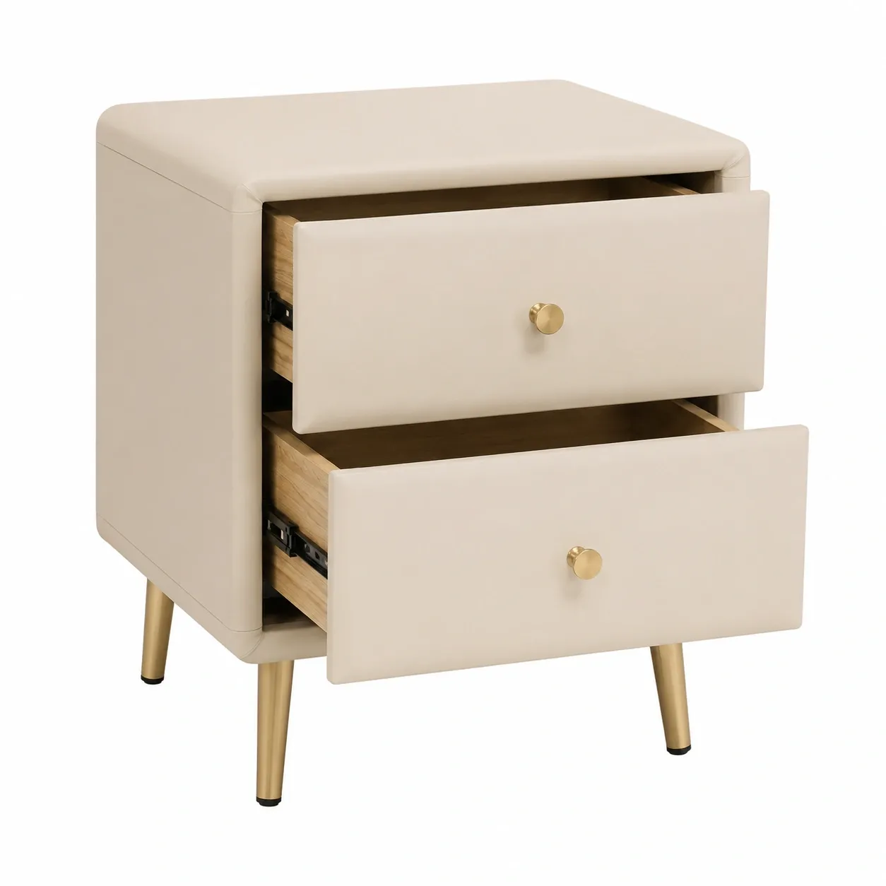 Mesita de noche nordica tapizada 2 cajones Beige crema con patas doradas-furnavoa