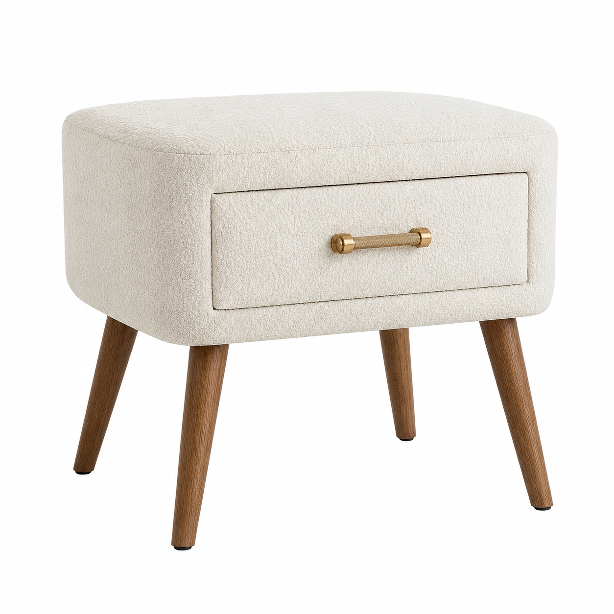 Mesita de noche nordica redonda tapizada boucle crema con cajon y patas de madera-furnavoa