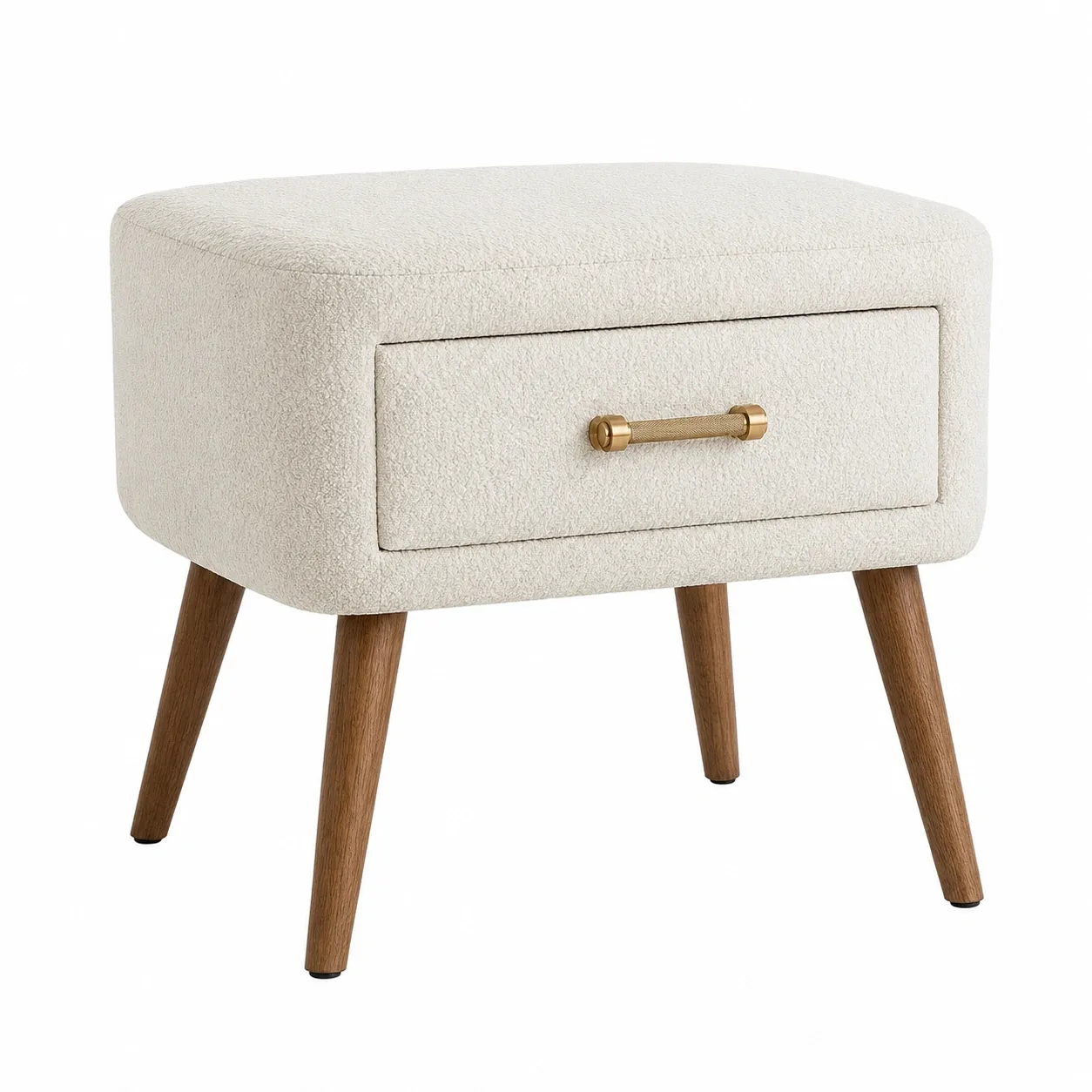 Mesita de noche nordica redonda tapizada boucle crema con cajon y patas de madera-furnavoa