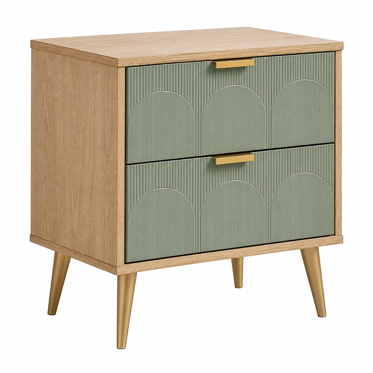 Mesita de noche nordica 2 cajones relieve geometrico verde salvia y madera natural-furnavoa