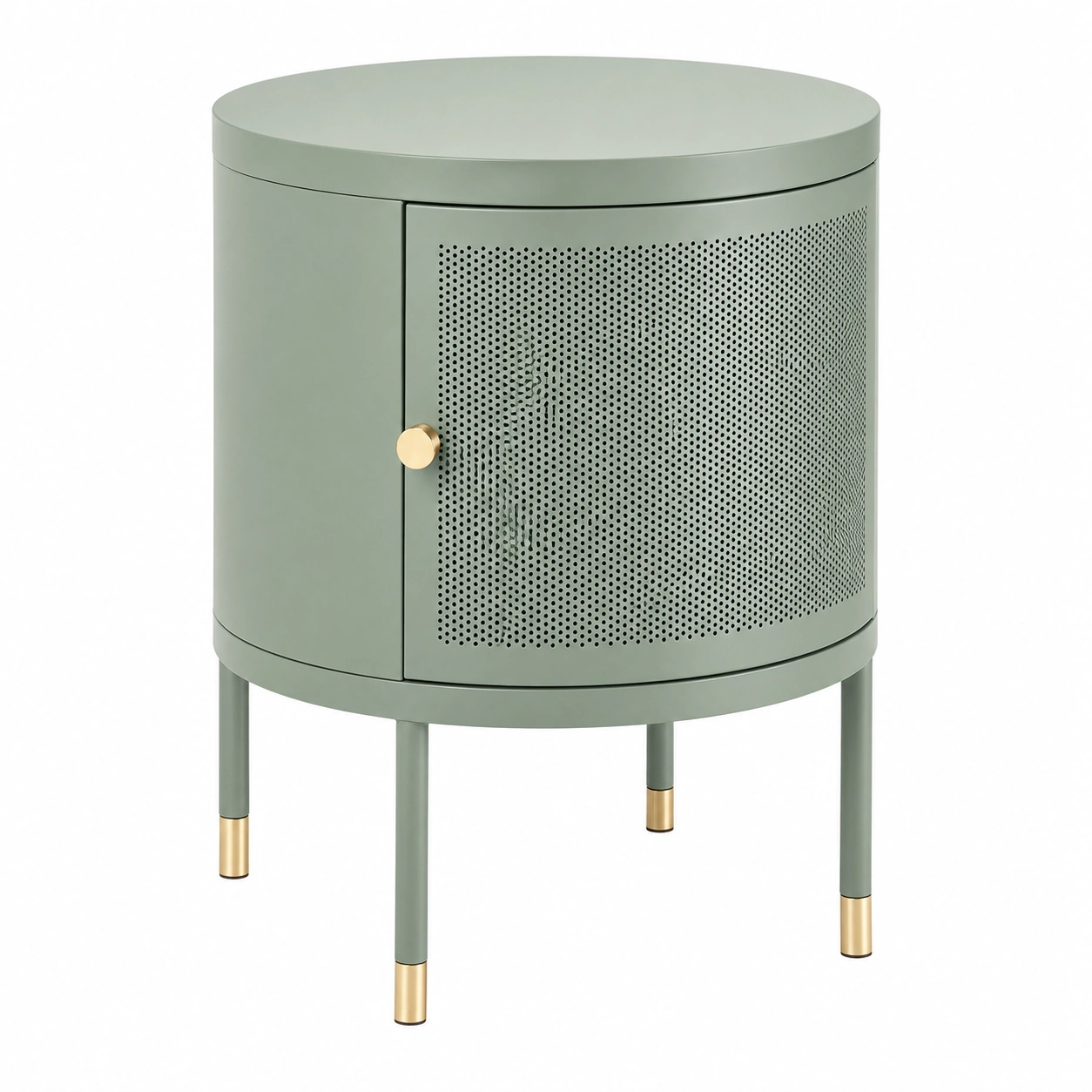 Mesita de Noche Redonda Minimalista Metalica Verde Salvia con Puerta Perforada-furnavoa