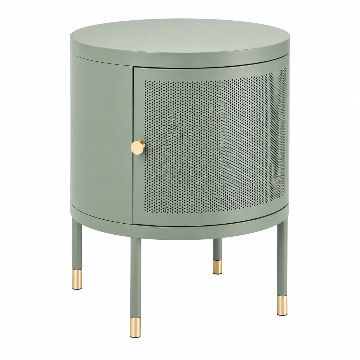 Mesita de Noche Redonda Minimalista Metalica Verde Salvia con Puerta Perforada-furnavoa