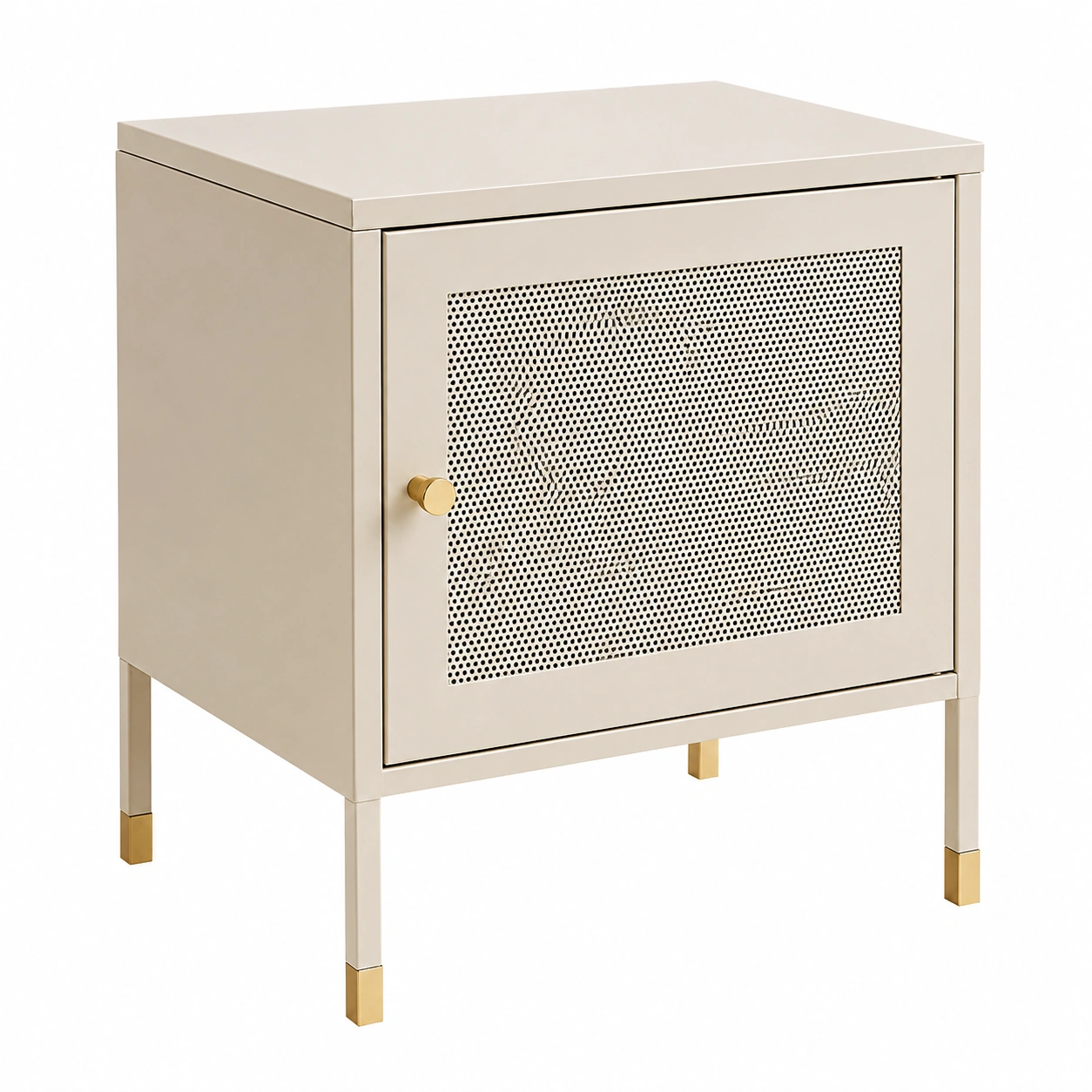Mesita de noche minimalista metalica con puerta perforada color crema-furnavoa
