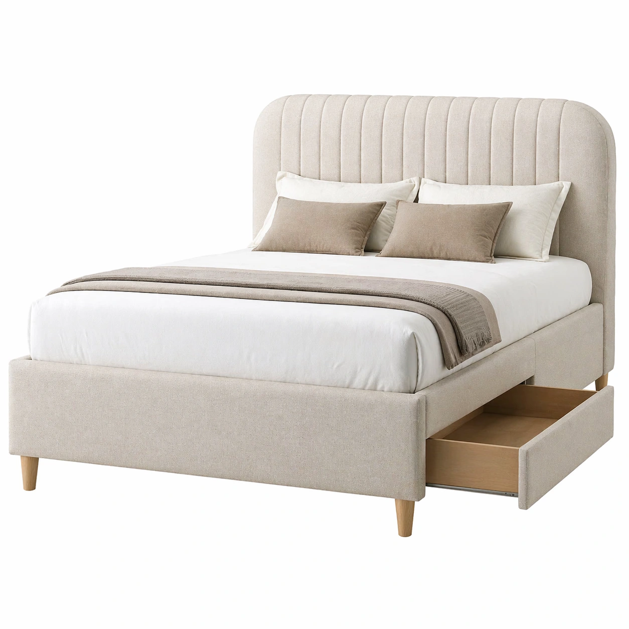 Cama tapizada con almacenamiento integrado y cabecero acolchado en beige claro 160x200 cm-furnavoa