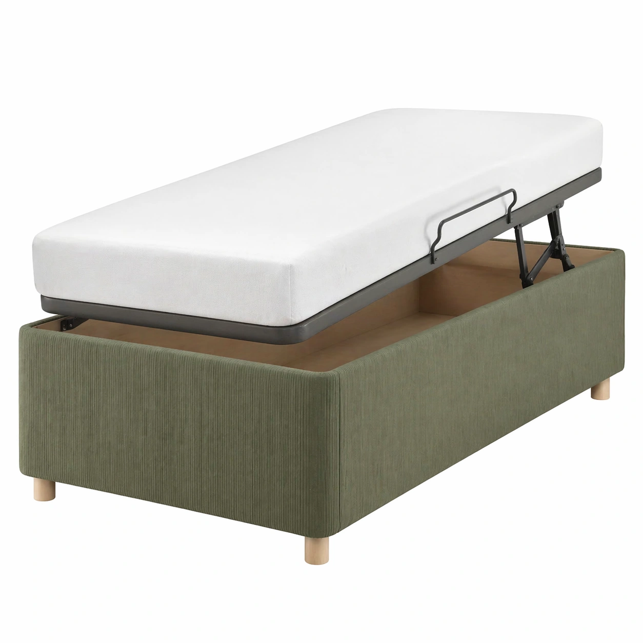 Cama individual tapizada con almacenamiento abatible en verde oliva, dise?o funcional 90x190 cm-furnavoa