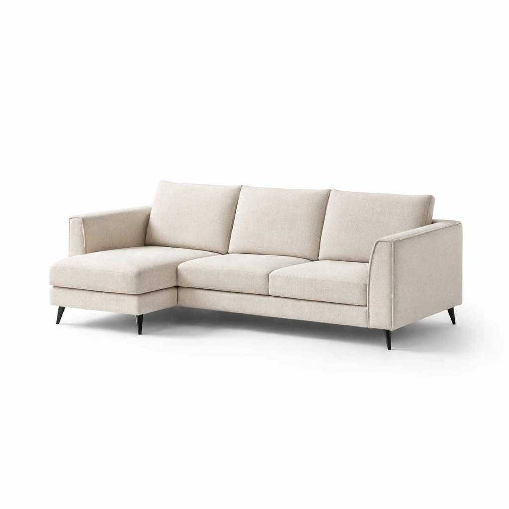 Divano angolare in tessuto beige con struttura in legno e metallo-Decokera
