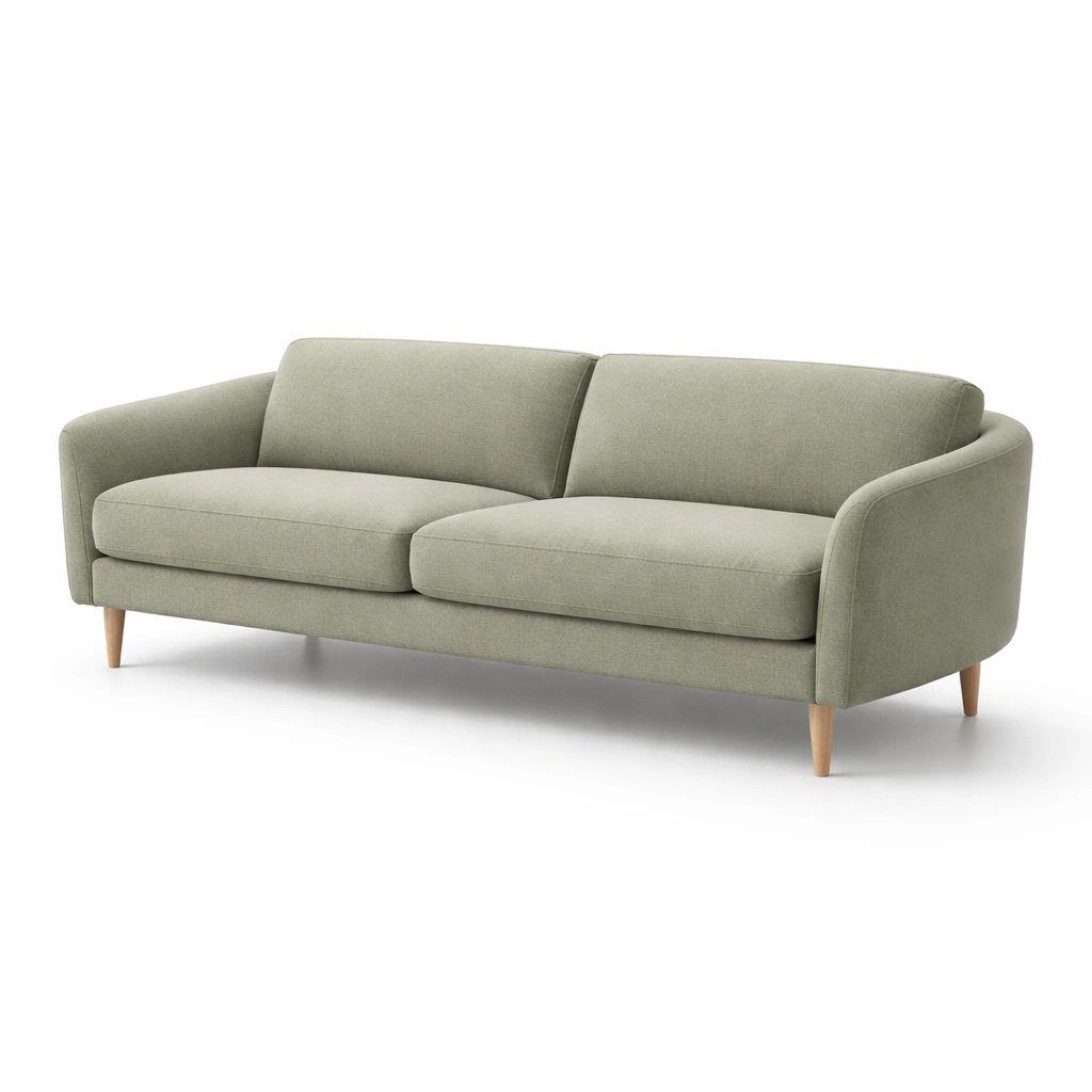 Divano a Tre Posti in Tessuto Verde con Gambe in Legno-Decokera