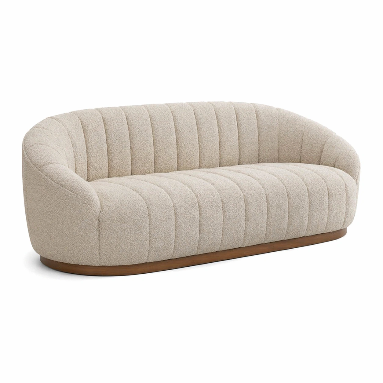 Divano in Tessuto Bouclé Beige con Base in Legno-Decokera