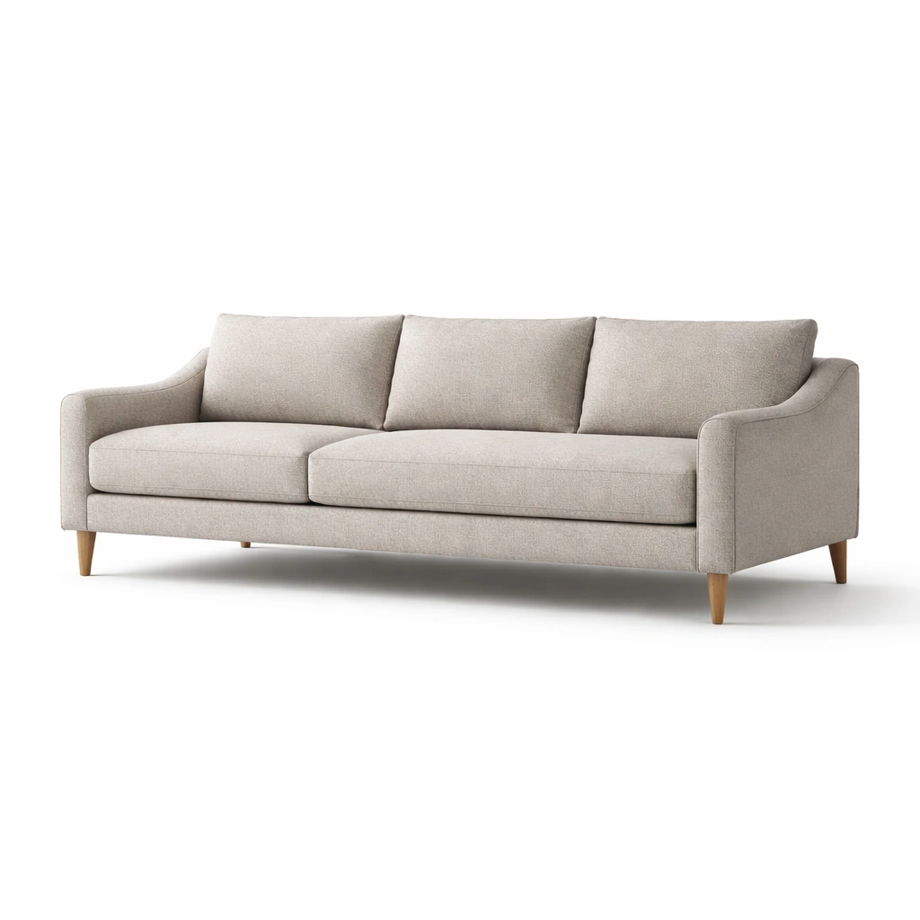 Divano a 3 posti in tessuto beige con gambe in legno-Decokera